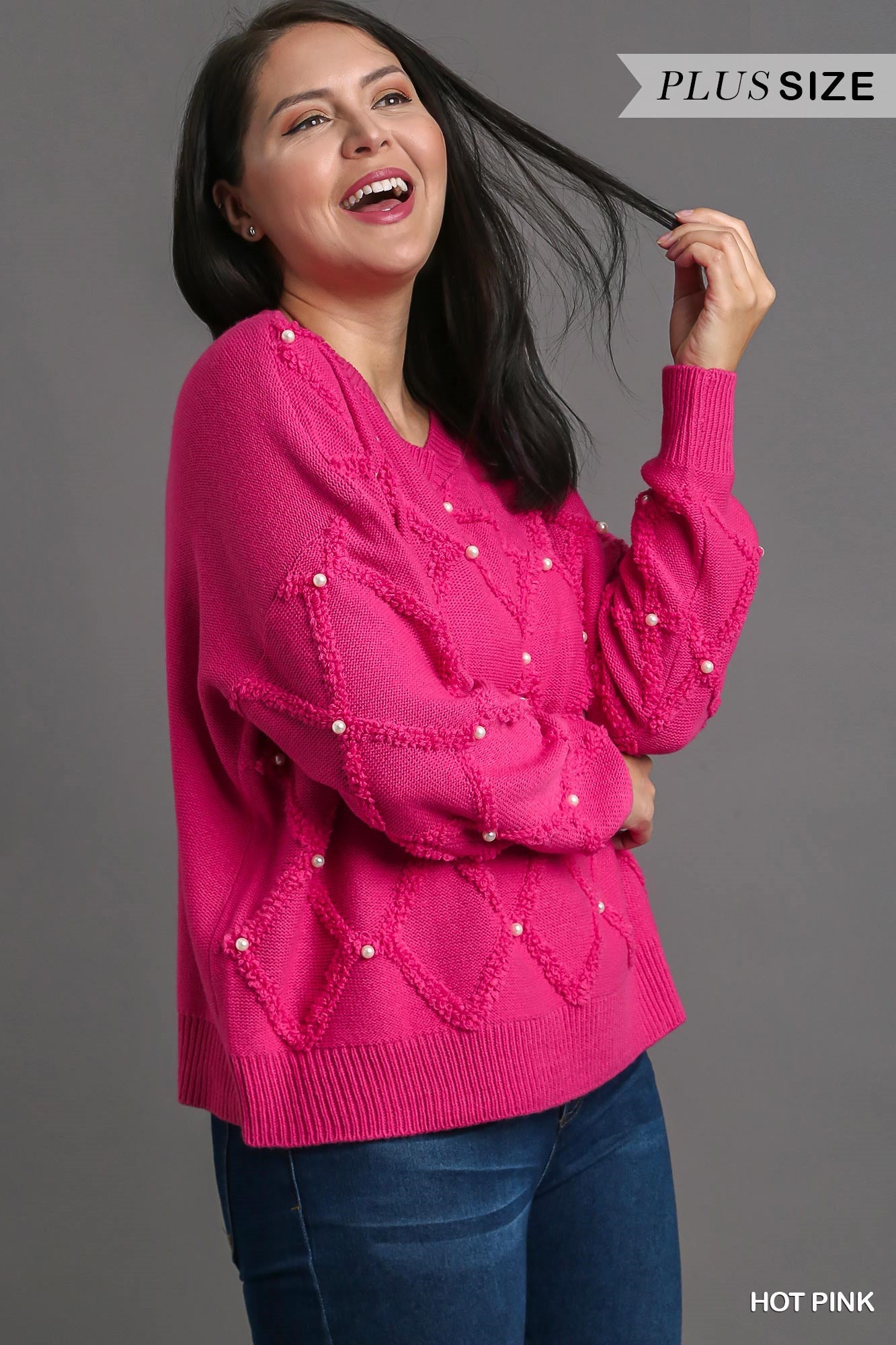 Umgee Plus Pearl Cable Knit Pullover Sweater Top