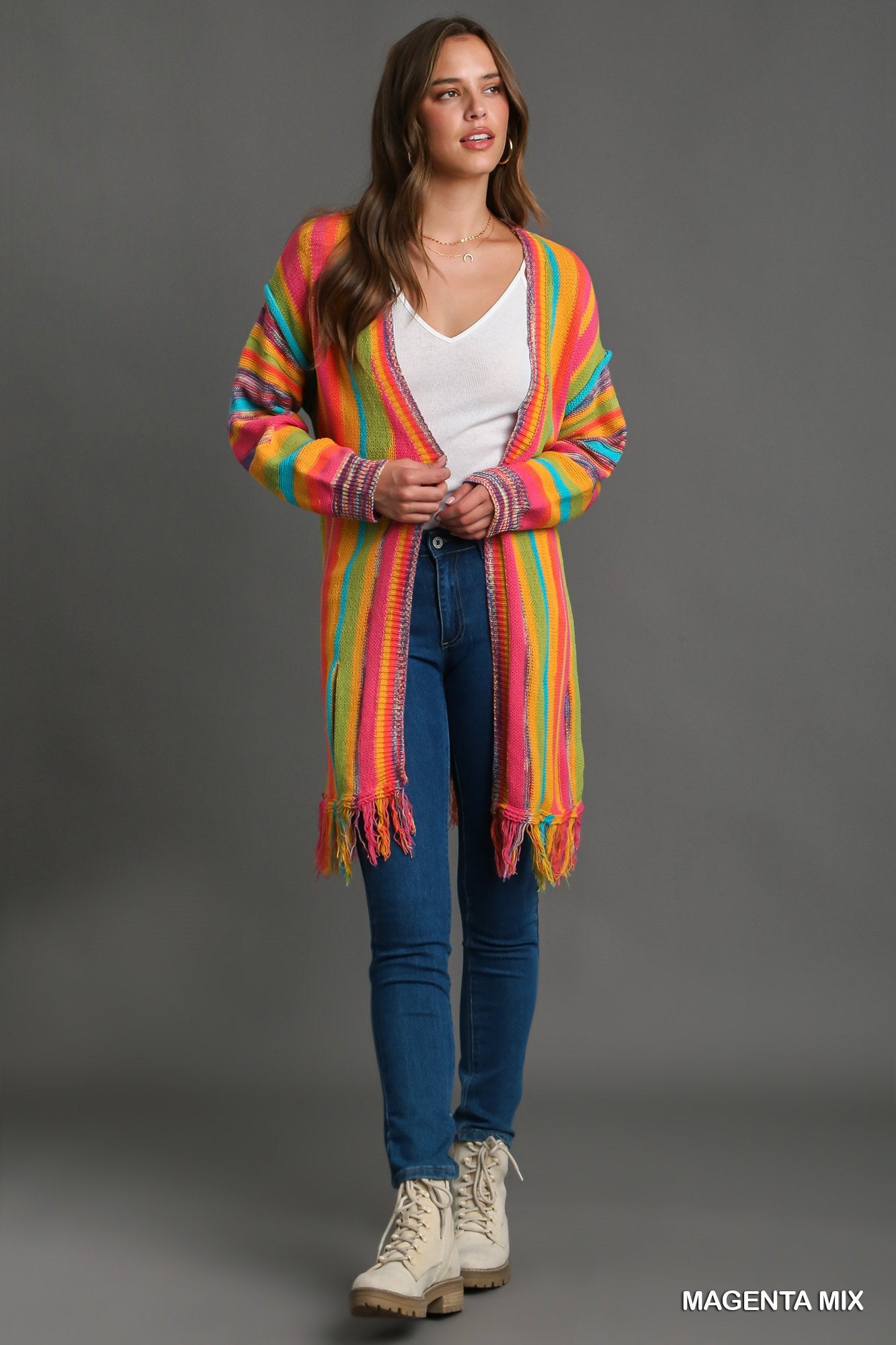 Umgee Multi Stripe Cardigan Sweater with Fringe Dress - Roulhac Fashion Boutique