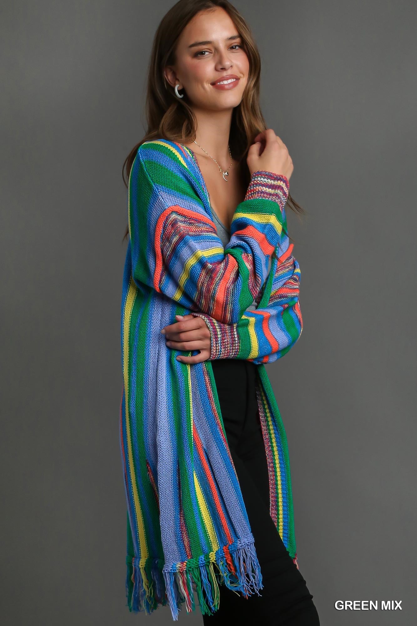 Umgee Multi Stripe Cardigan Sweater with Fringe Dress - Roulhac Fashion Boutique