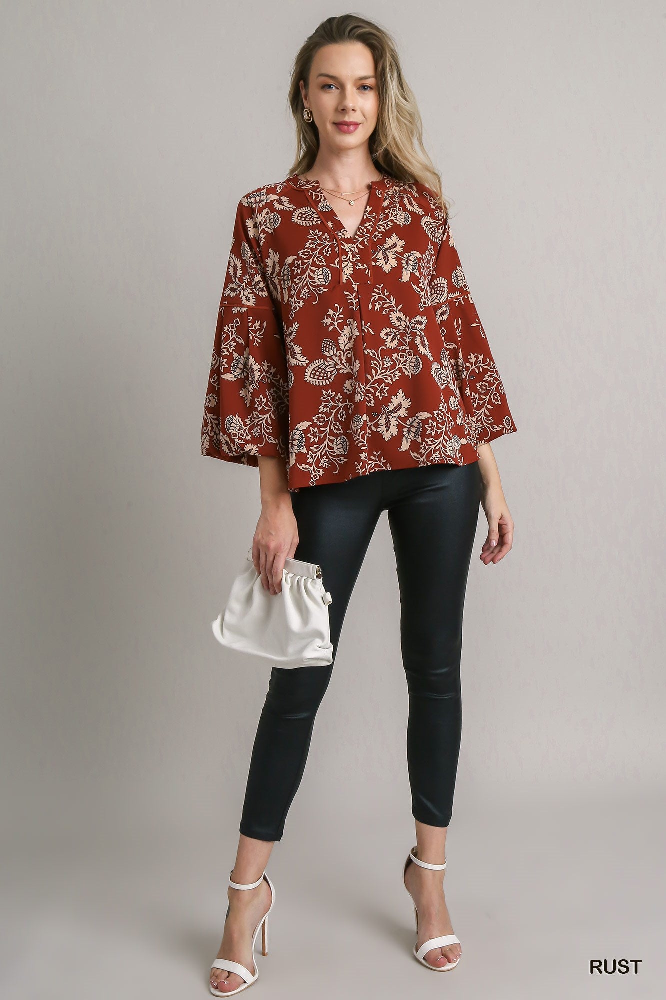 Umgee Balloon Sleeve Printed V-Notch Top - Roulhac Fashion Boutique