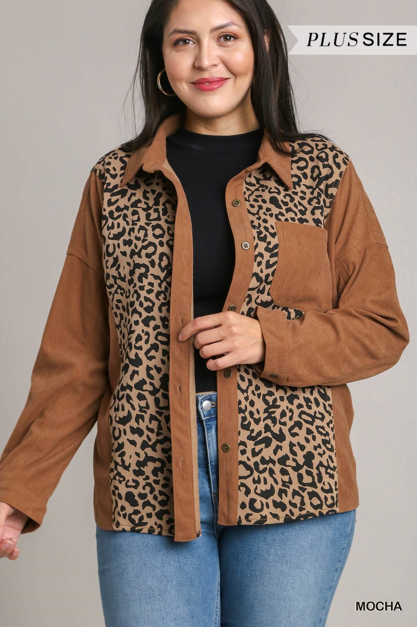 Umgee Plus Leopard Knit & Corduroy Mixed Top