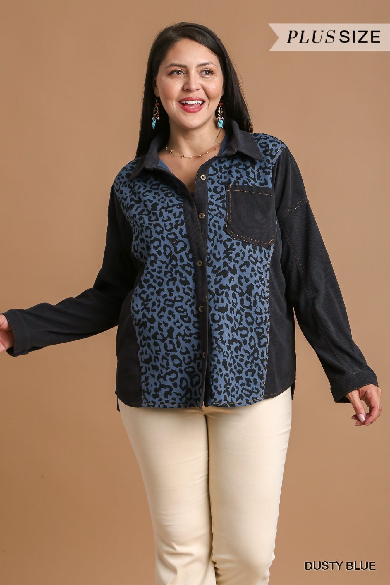 Umgee Plus Leopard Knit & Corduroy Mixed Top