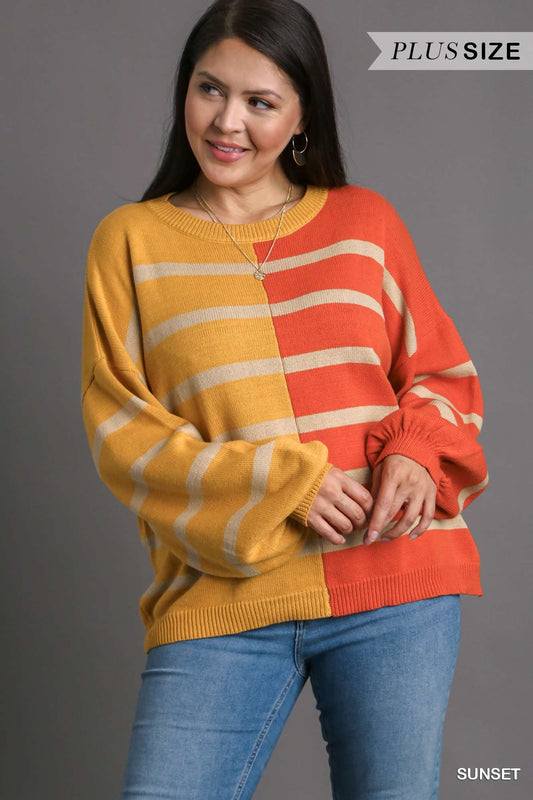 Umgee Plus Color Block Stripe Pullover Sweater Top