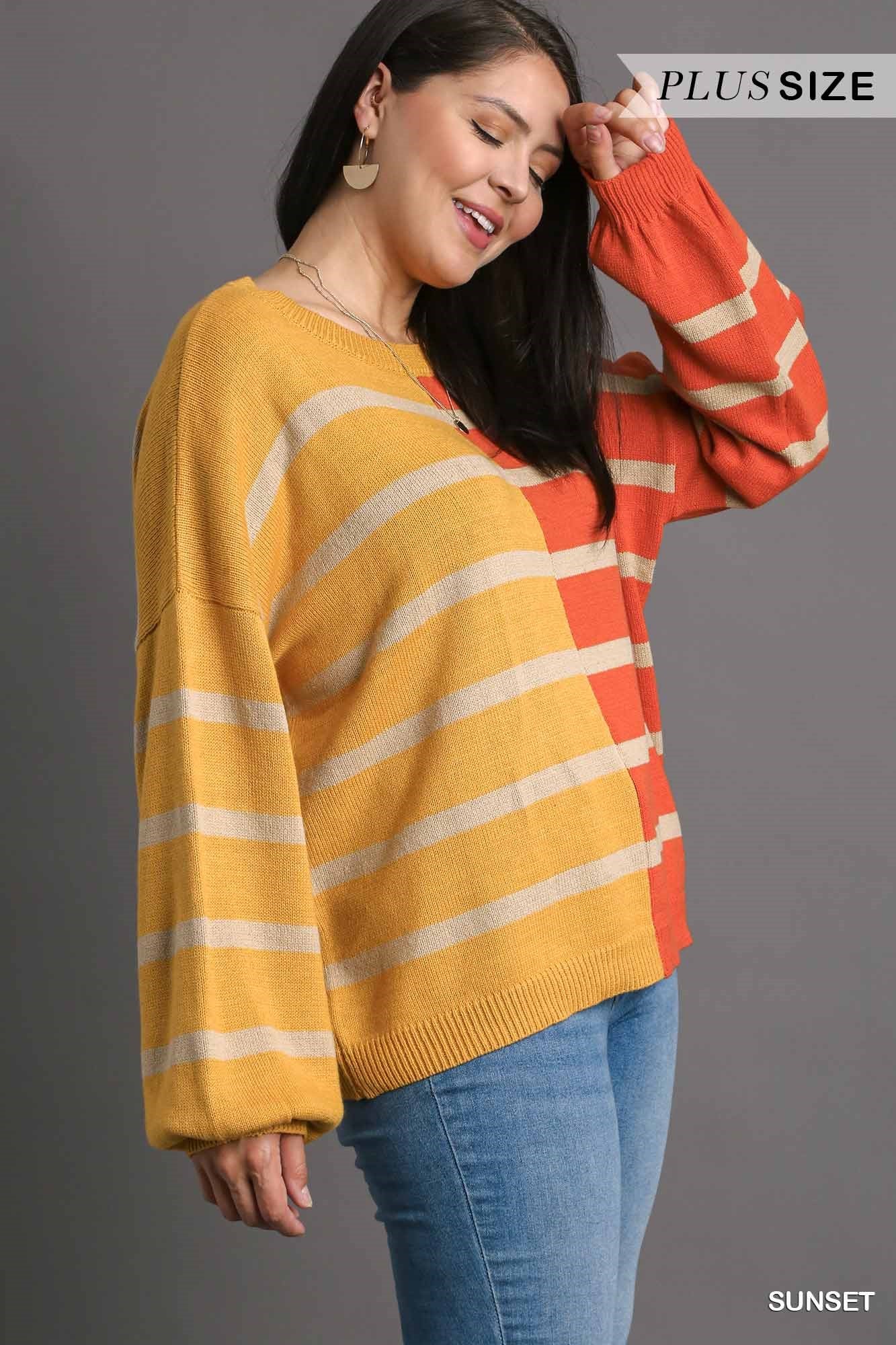 Umgee Plus Color Block Stripe Pullover Sweater Top
