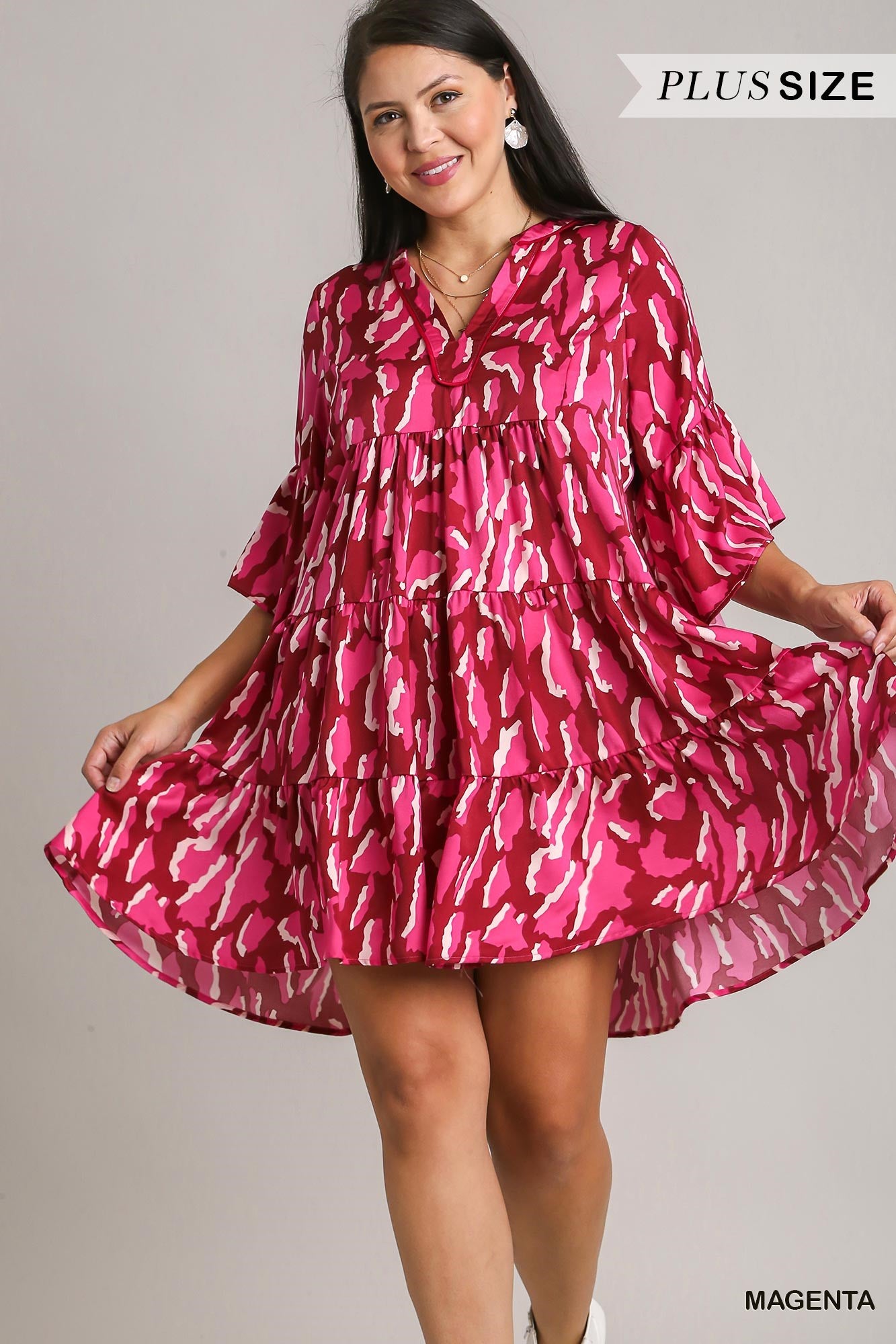 Umgee Plus V-Notched Animal Print Tiered Dress