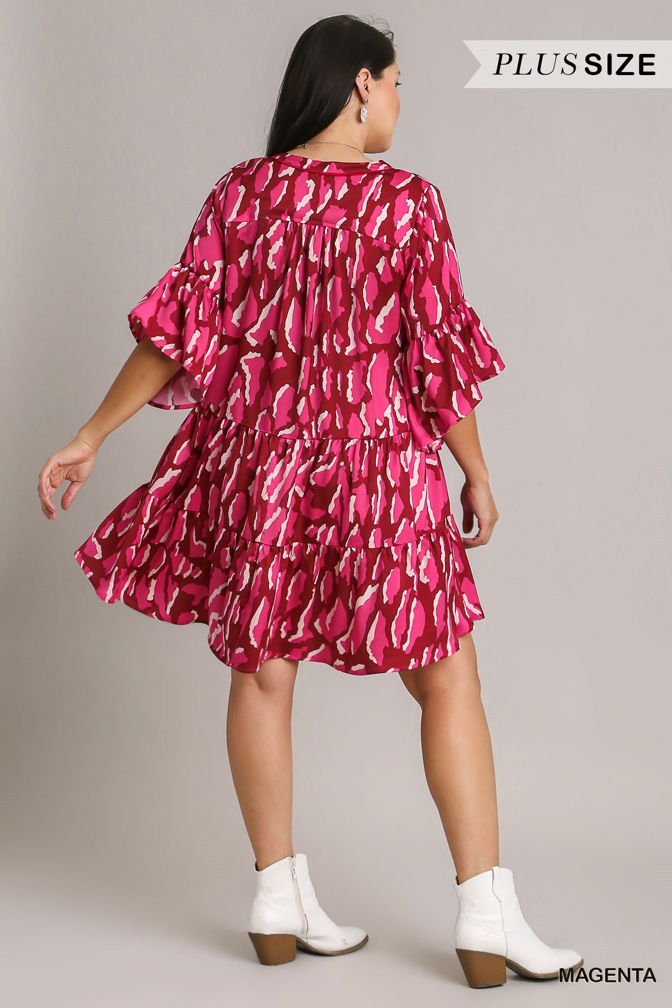 Umgee Plus V-Notched Animal Print Tiered Dress