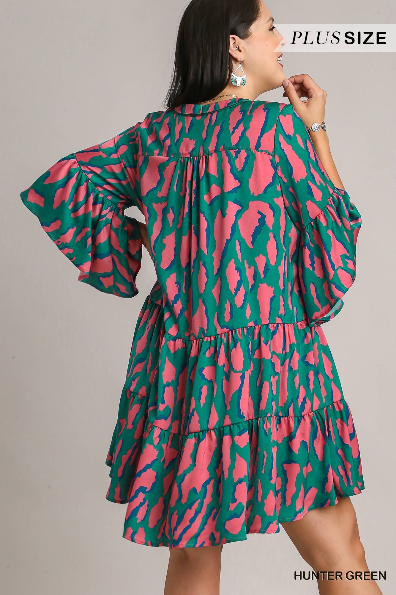 Umgee Plus V-Notched Animal Print Tiered Dress