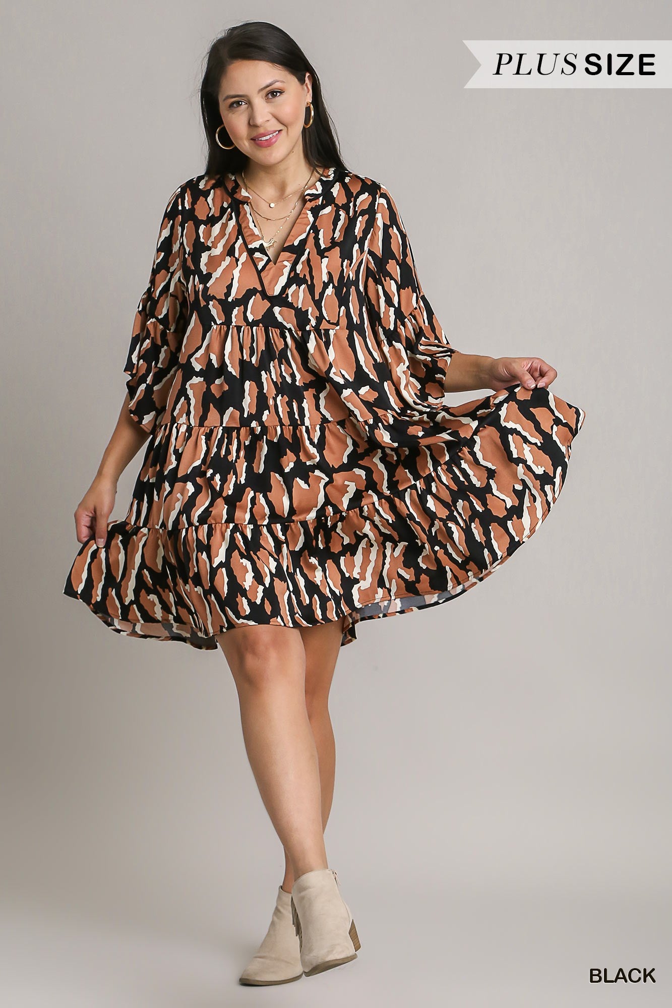 Umgee Plus V-Notched Animal Print Tiered Dress