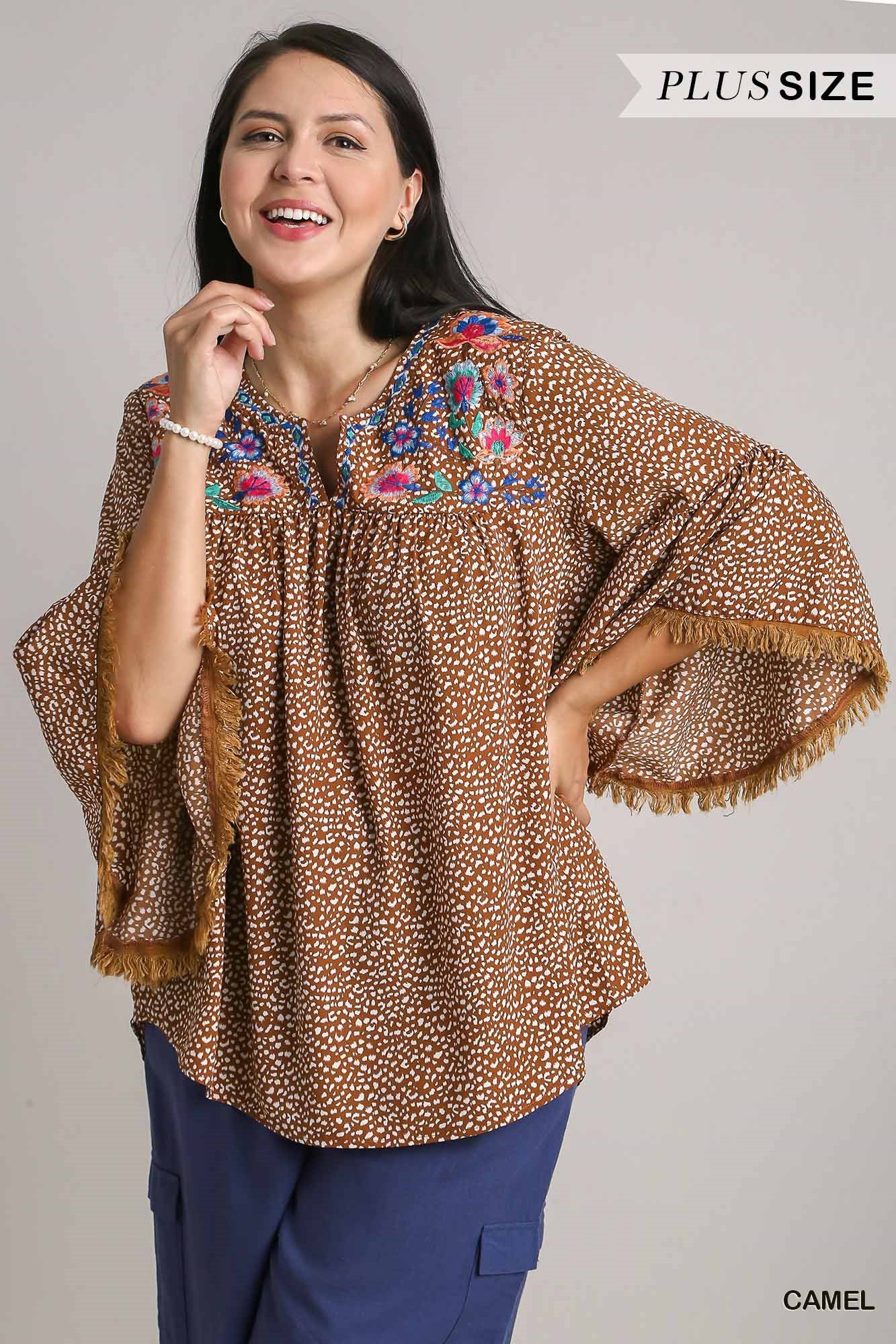 Umgee Plus Animal Print V-Notched Embroidery 3/4 Bell Sleeves Top