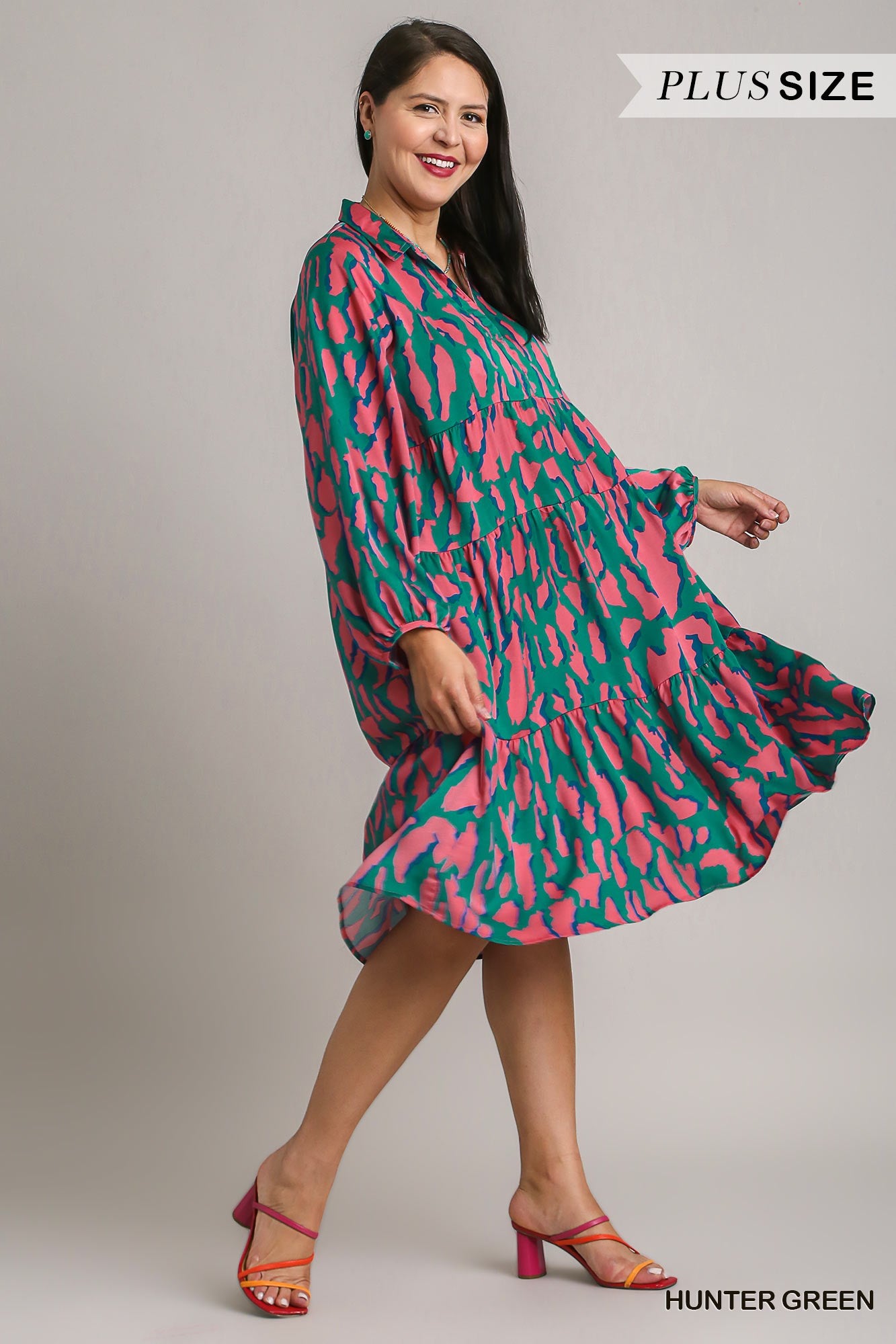 Umgee Plus Satin Animal Print 3/4 Sleeve Collared Midi Dress