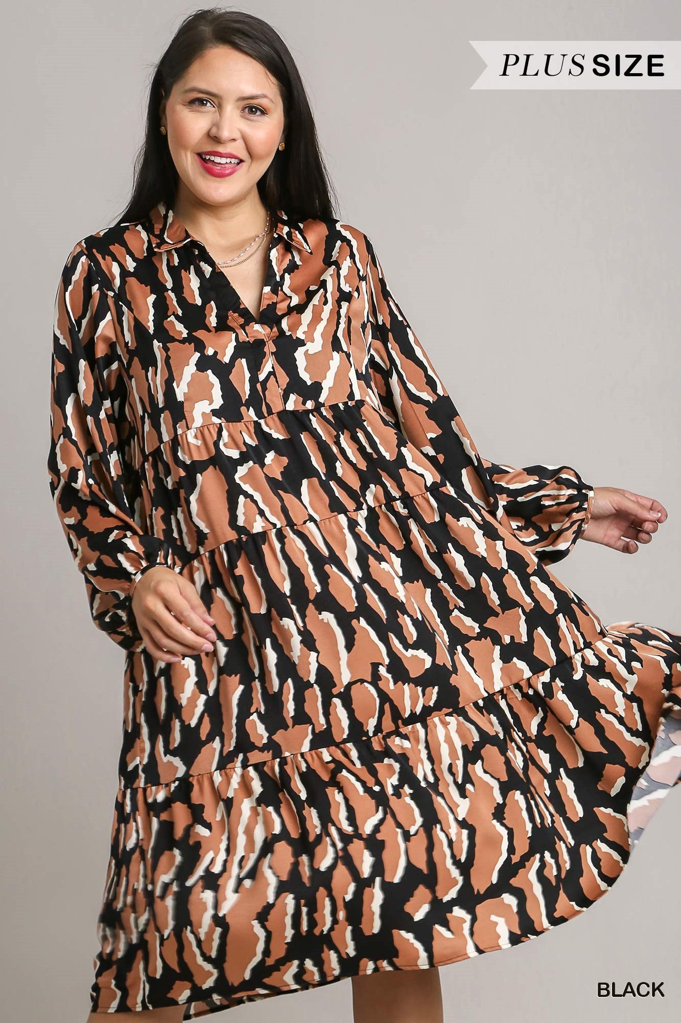 Umgee Plus Satin Animal Print 3/4 Sleeve Collared Midi Dress
