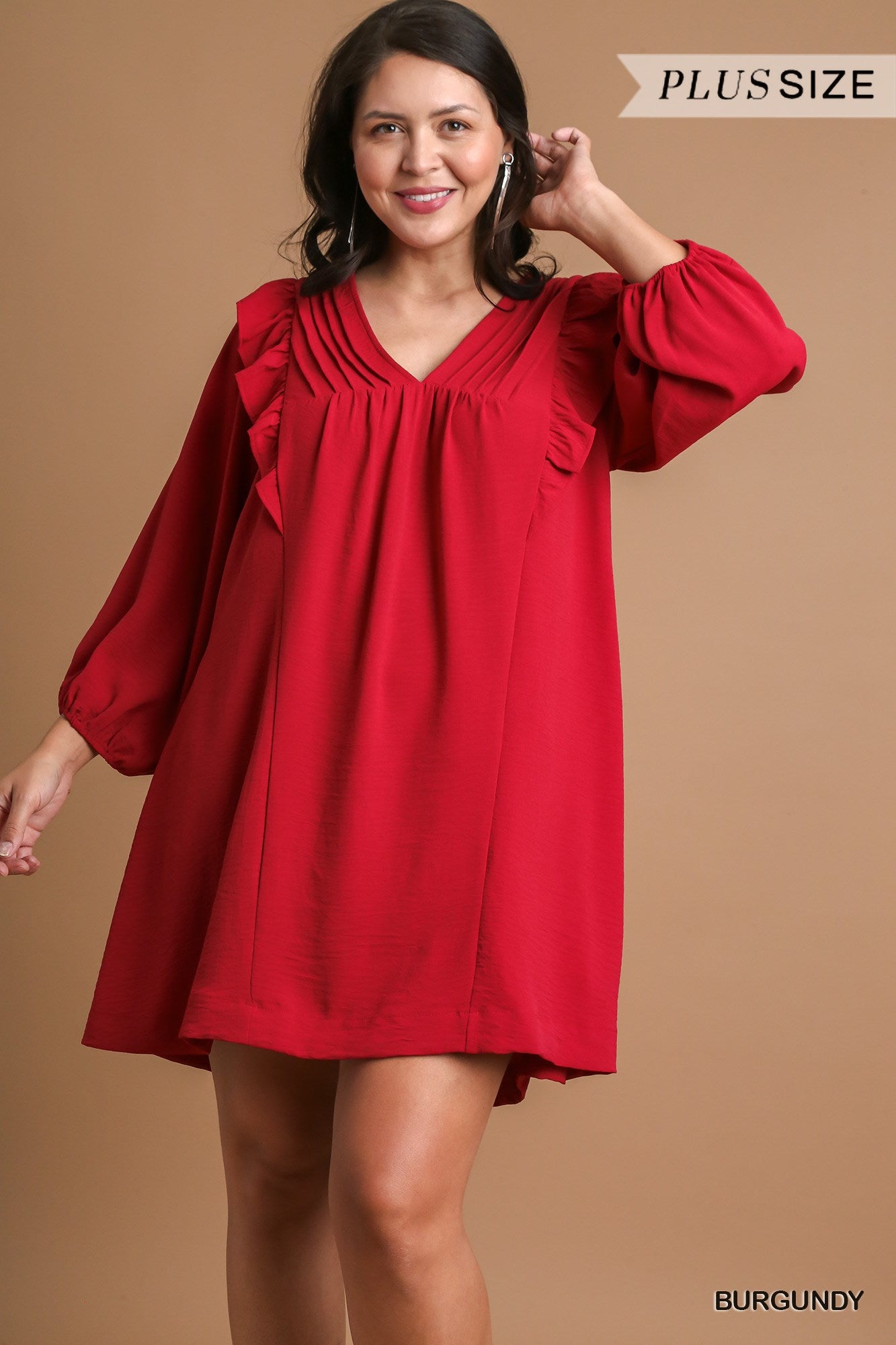 Umgee Plus Solid Balloon Long Sleeve Ruffle Details Dress