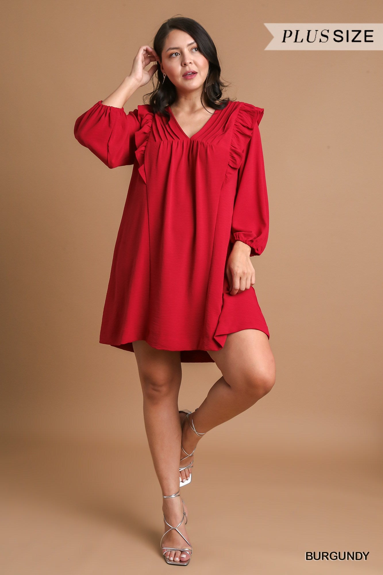 Umgee Plus Solid Balloon Long Sleeve Ruffle Details Dress