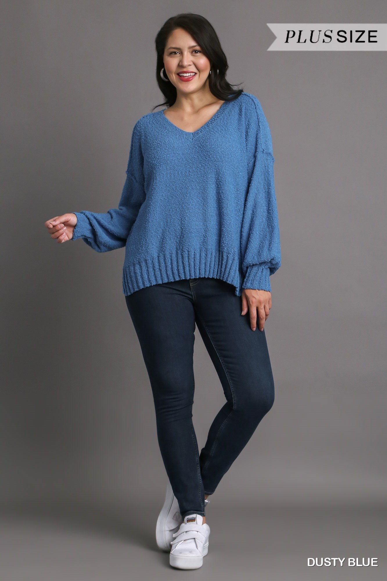 Umgee Plus Solid V-Neck Long Sleeve Sweater Top