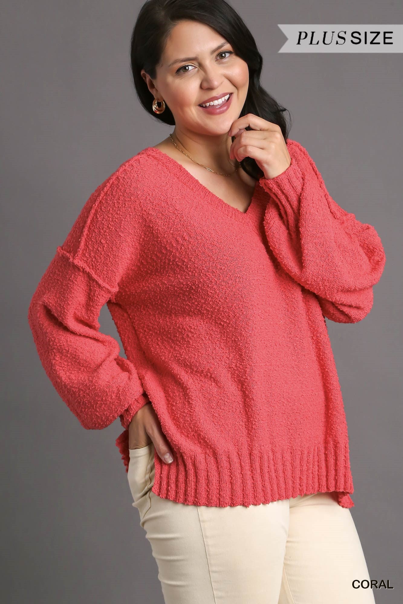 Umgee Plus Solid V-Neck Long Sleeve Sweater Top
