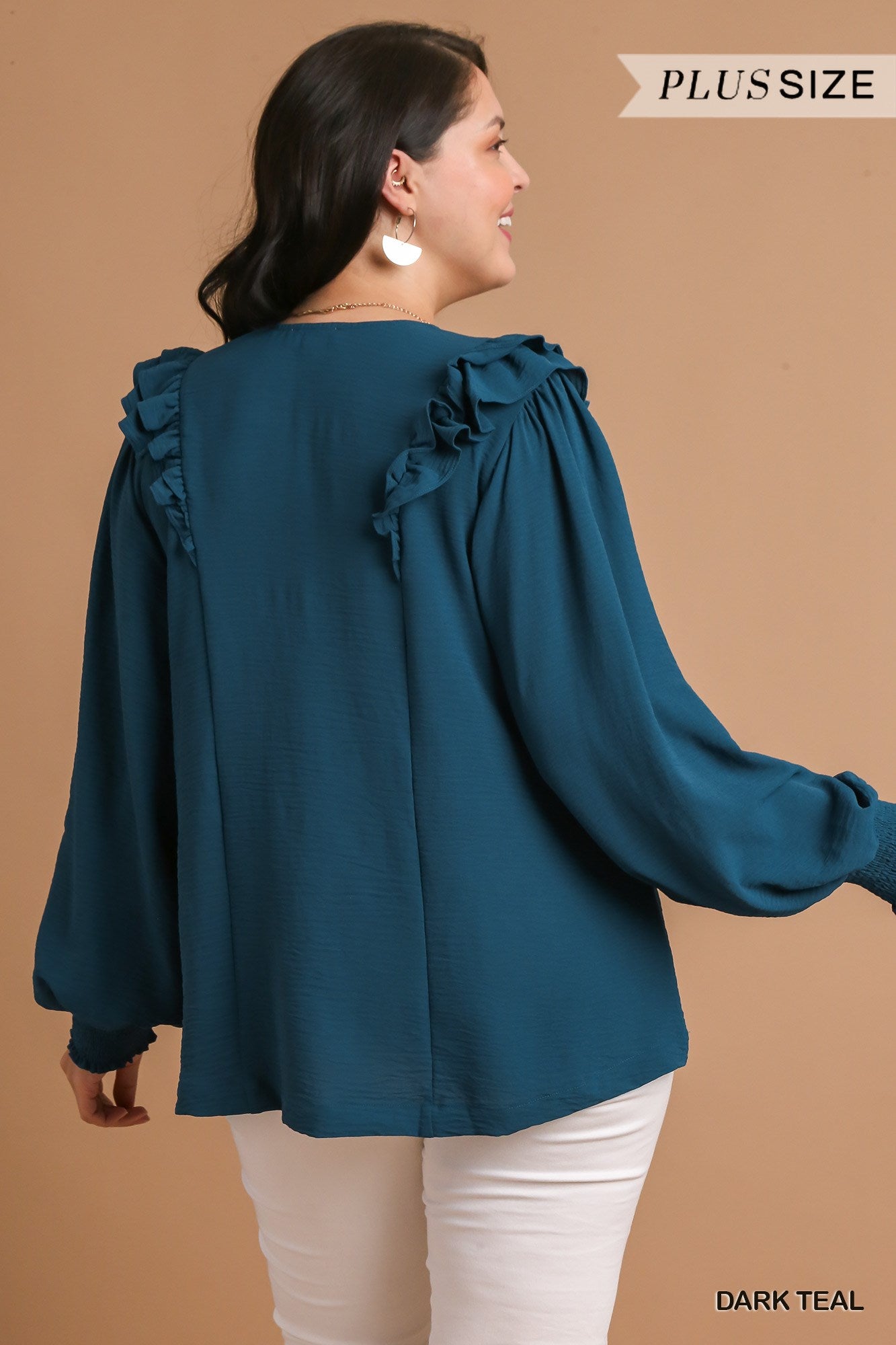 Umgee Plus Solid Balloon Long Sleeve Ruffle Top