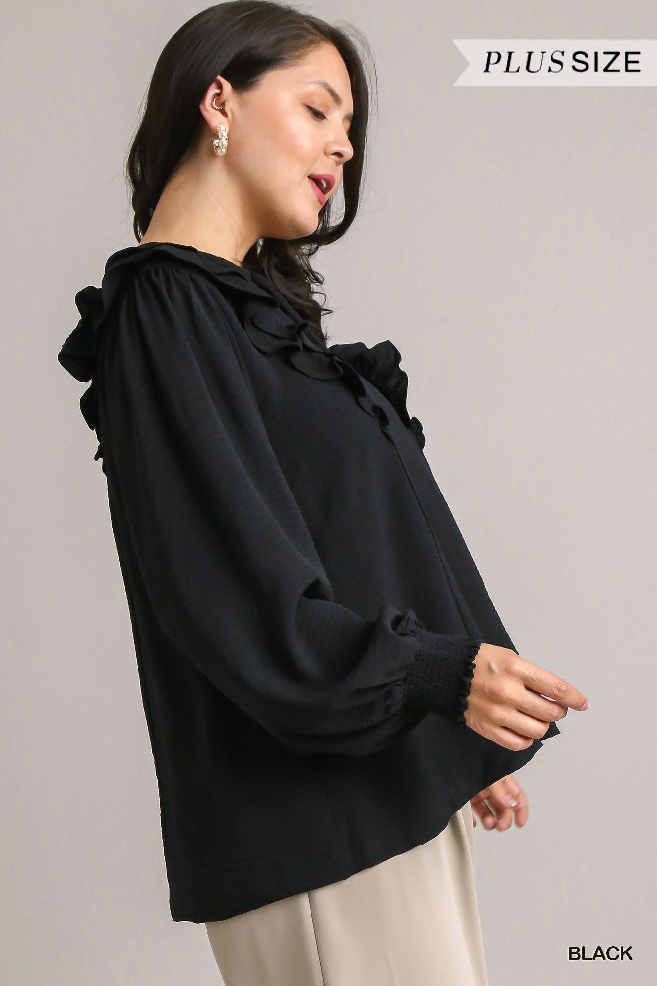 Umgee Plus Solid Balloon Long Sleeve Ruffle Top