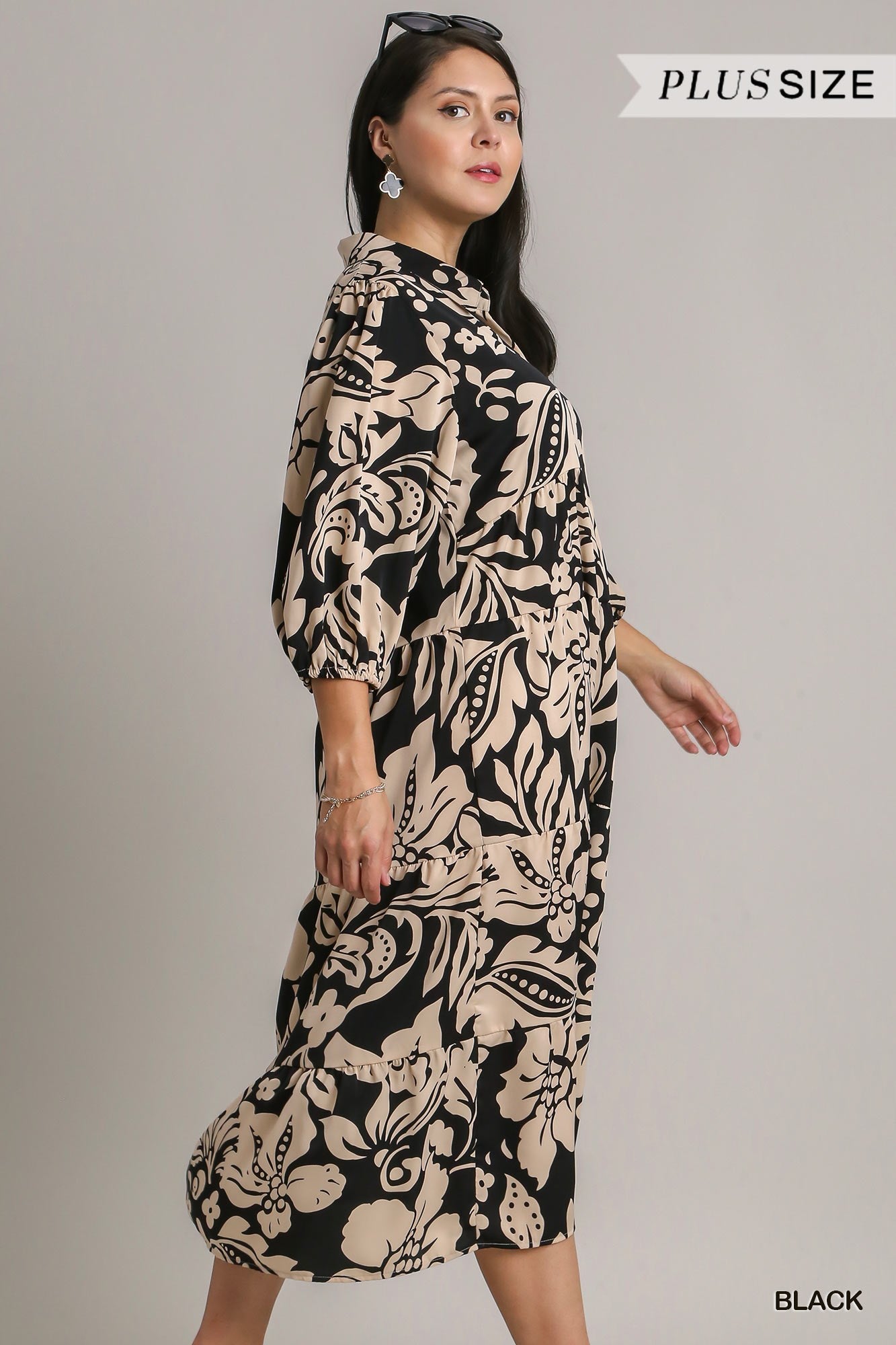 Umgee Plus Floral Two Tone Print Tiered Balloon Sleeve Dress