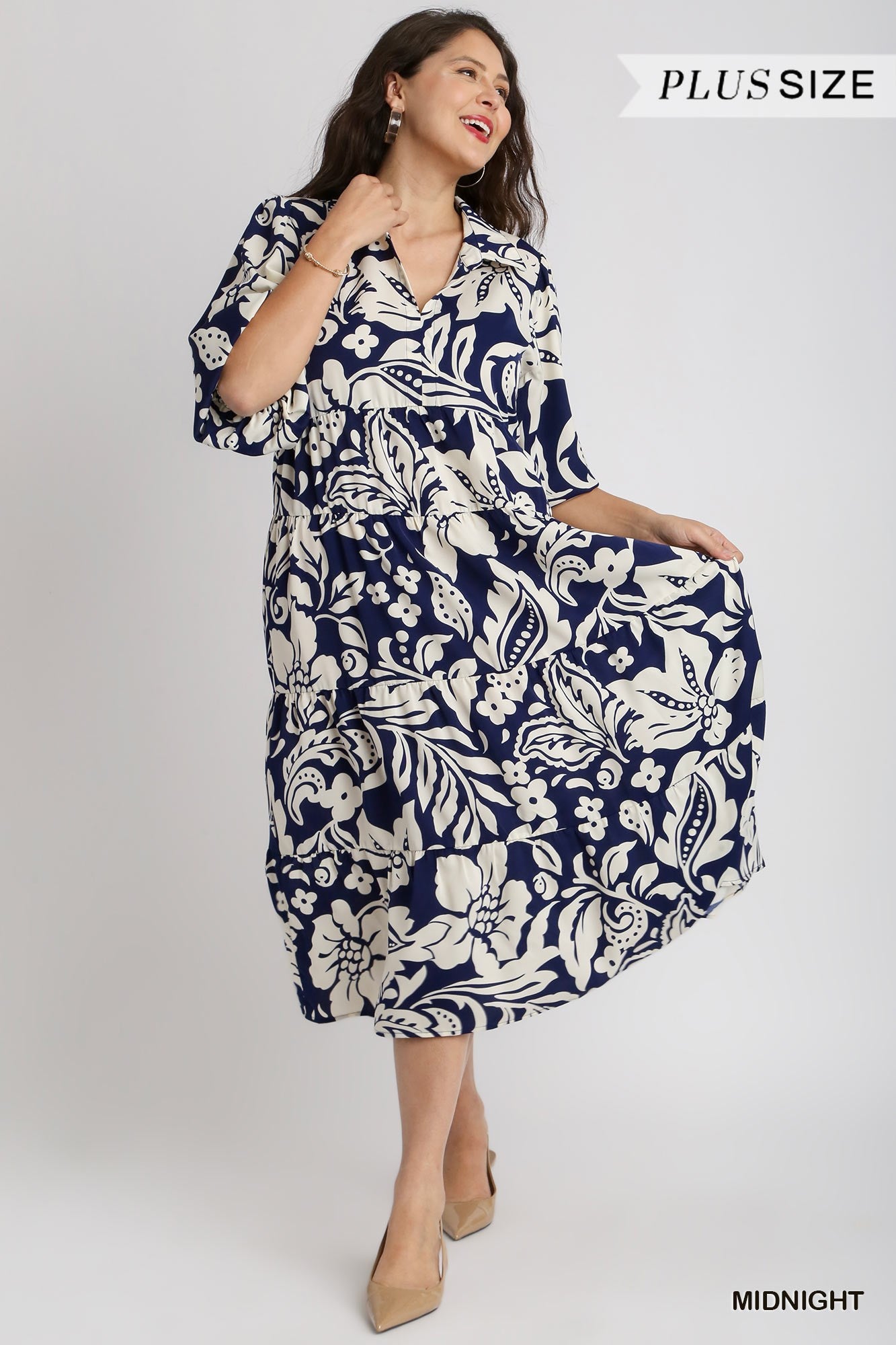 Umgee Plus Floral Two Tone Print Tiered Balloon Sleeve Dress