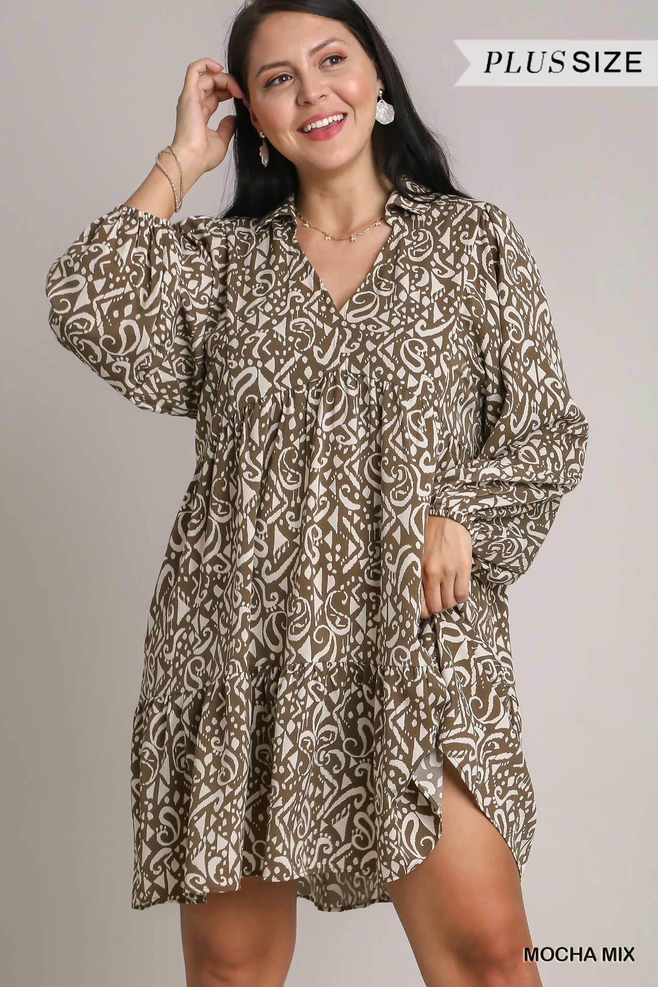 Umgee Plus Two Tone Print Tiered Long Sleeve Collar Dress