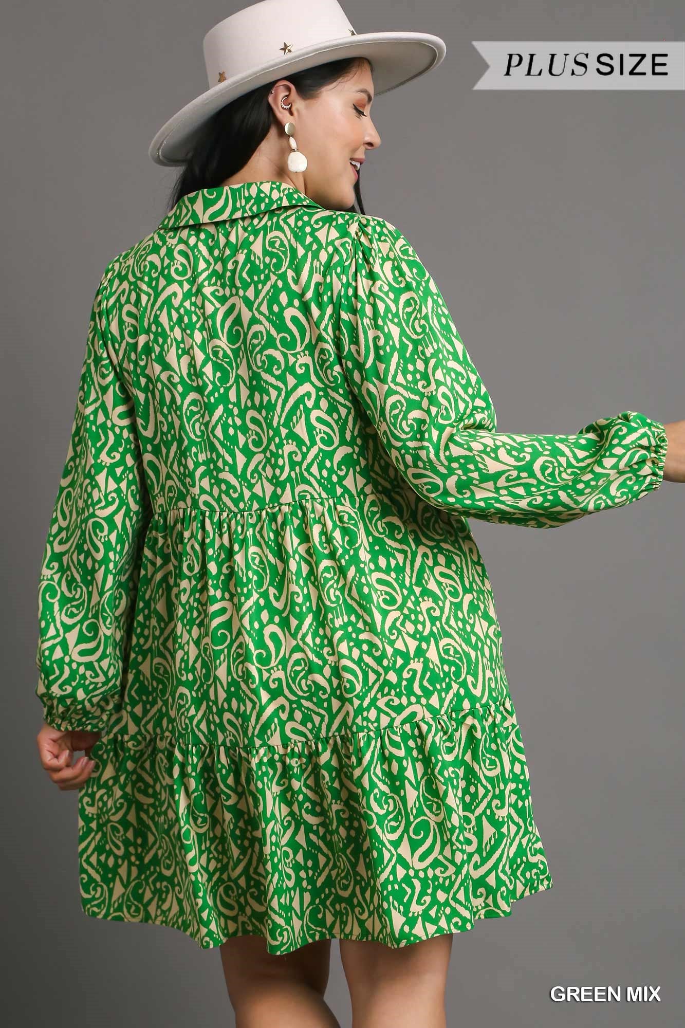 Umgee Plus Two Tone Print Tiered Long Sleeve Collar Dress