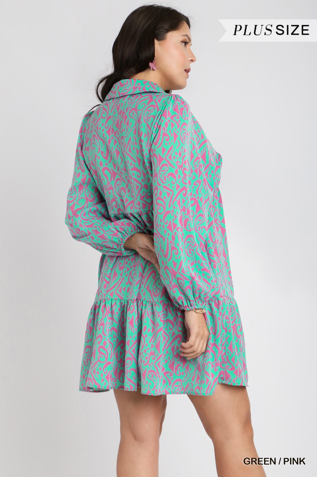 Umgee Plus Two Tone Print Tiered Long Sleeve Collar Dress