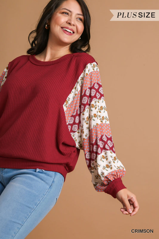 Umgee Plus Mixed Print Waffle Knit Woven Top