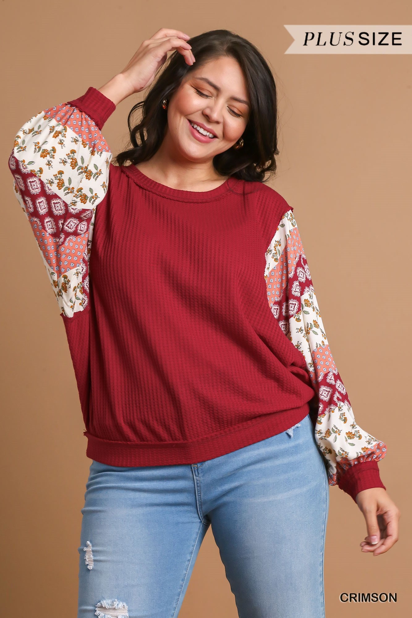 Umgee Plus Mixed Print Waffle Knit Woven Top