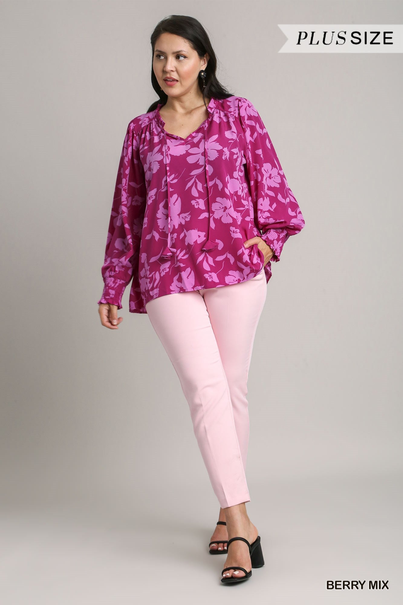 Umgee Plus Floral Print Notched Neckline Top