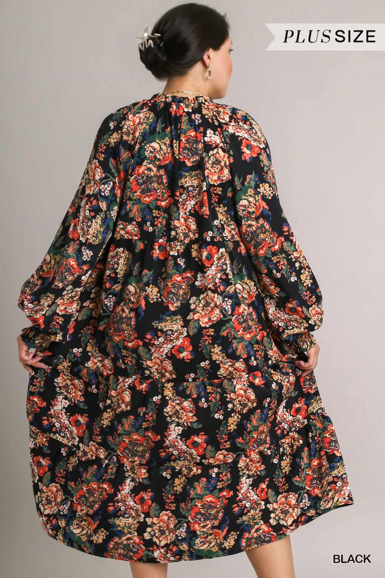 Umgee Plus Floral Print Ruffle V-Neck Tiered Tassel Maxi Dress