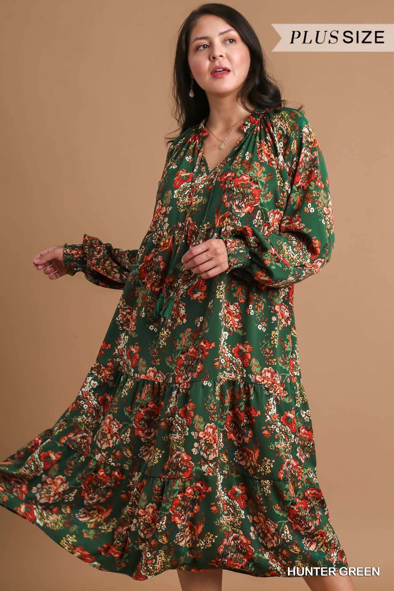 Umgee Plus Floral Print Ruffle V-Neck Tiered Tassel Maxi Dress