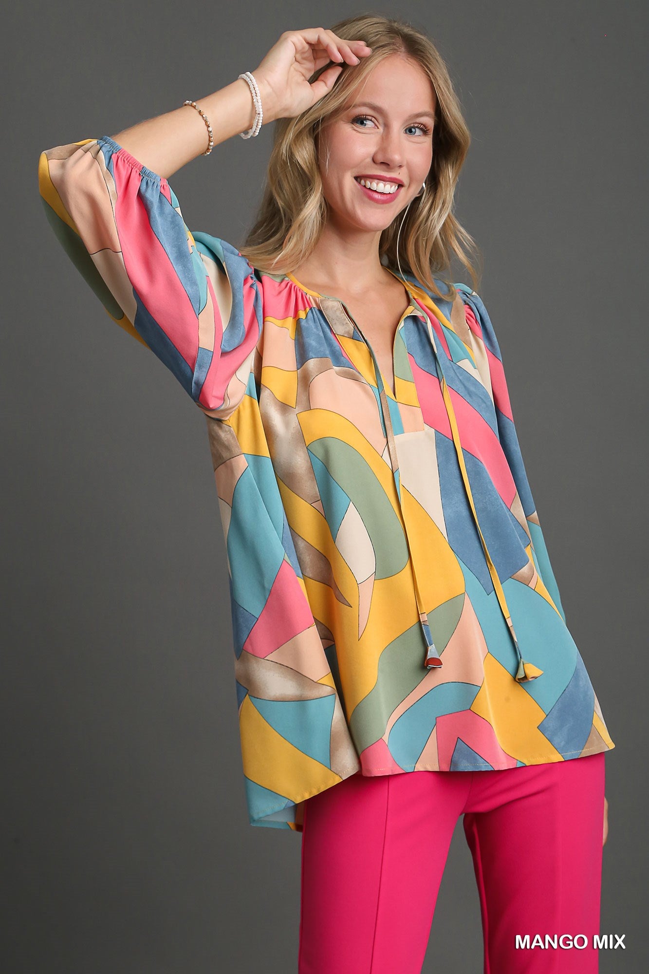 Umgee Mix V-Notched Abstract Printed with Tie Top - Roulhac Fashion Boutique