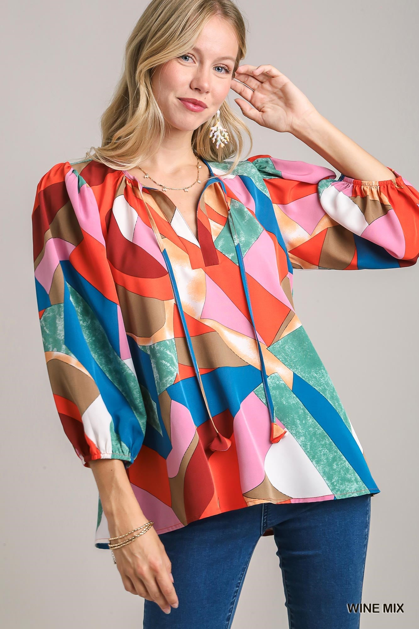 Umgee Mix V-Notched Abstract Printed with Tie Top