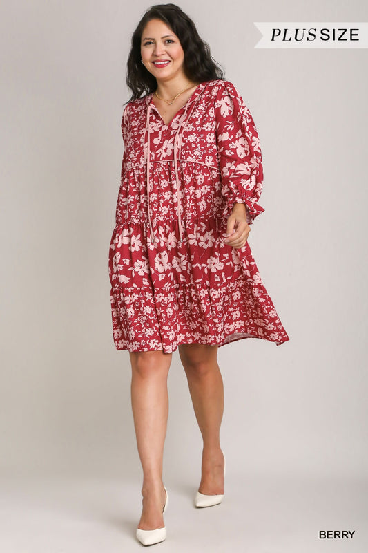 Umgee Plus Two Tone Floral Printed Mixed Tiered Dress