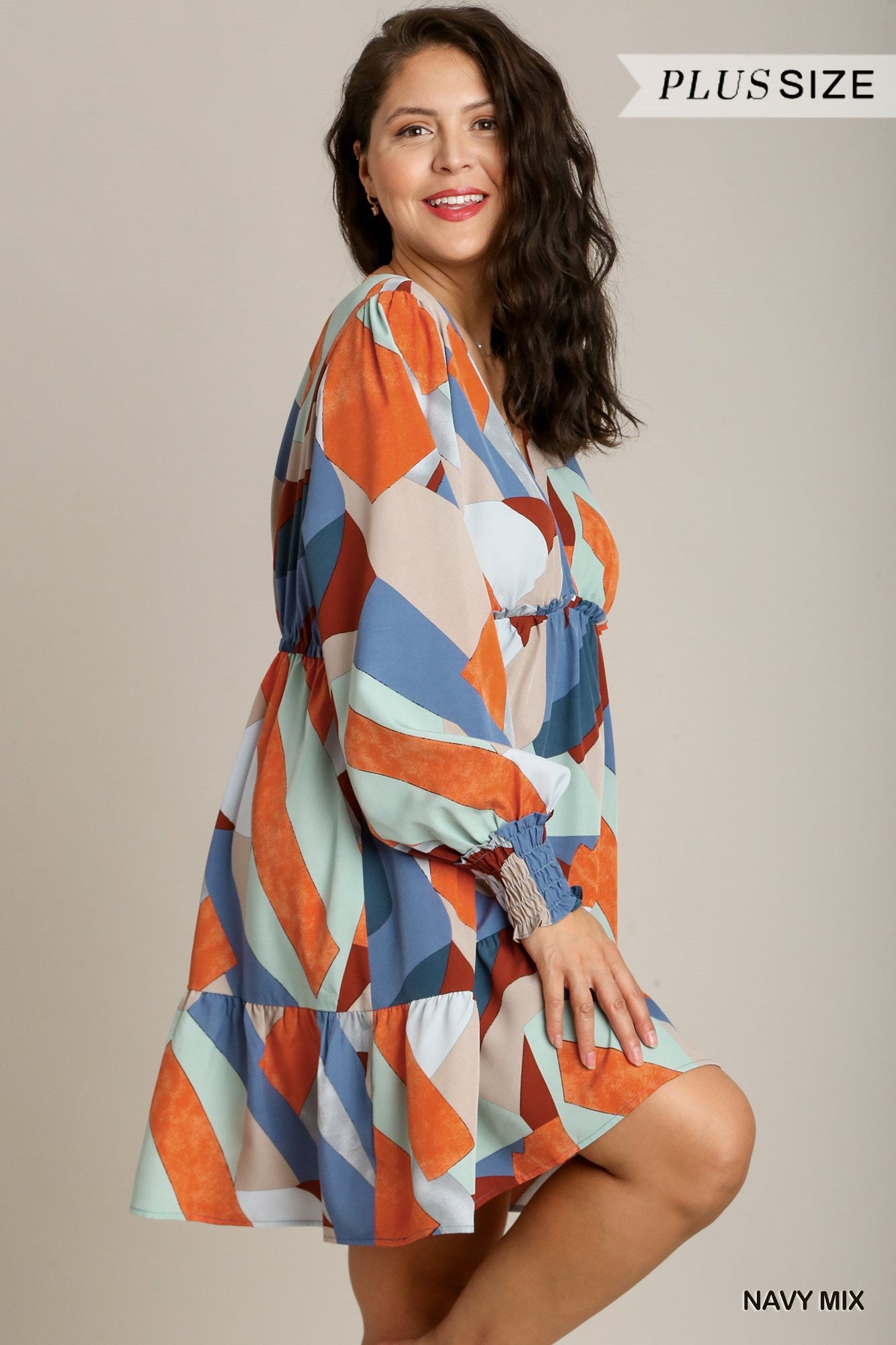 Umgee Plus Abstract V-Neck Tiered Printed Dress