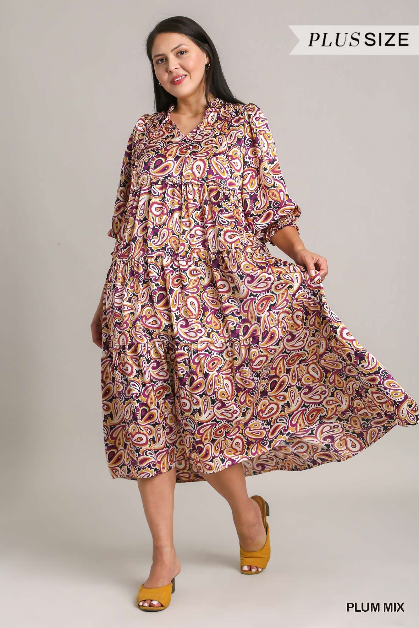 Umgee Plus Satin Paisley Ruffle Neck Tie Midi Dress