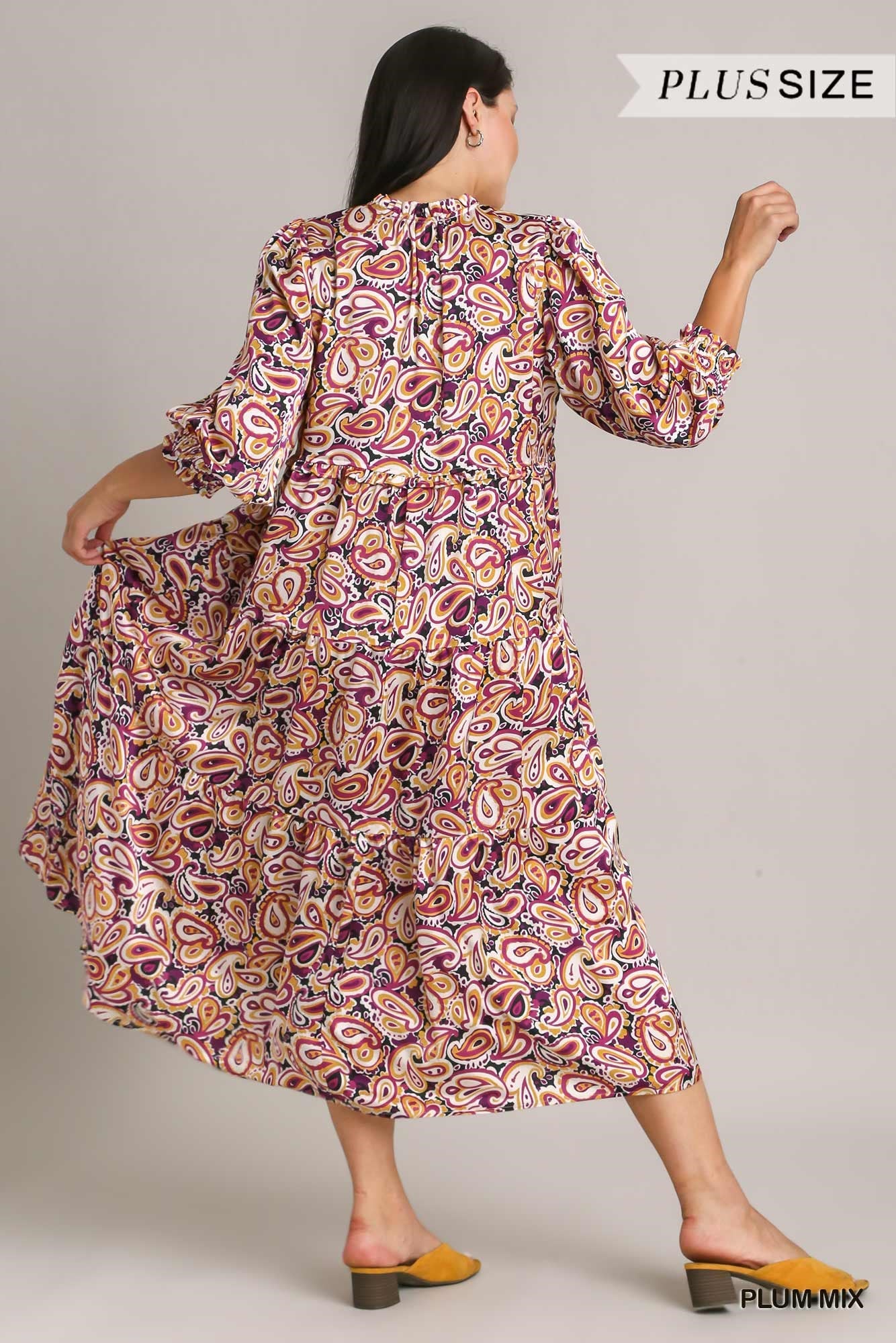 Umgee Plus Satin Paisley Ruffle Neck Tie Midi Dress