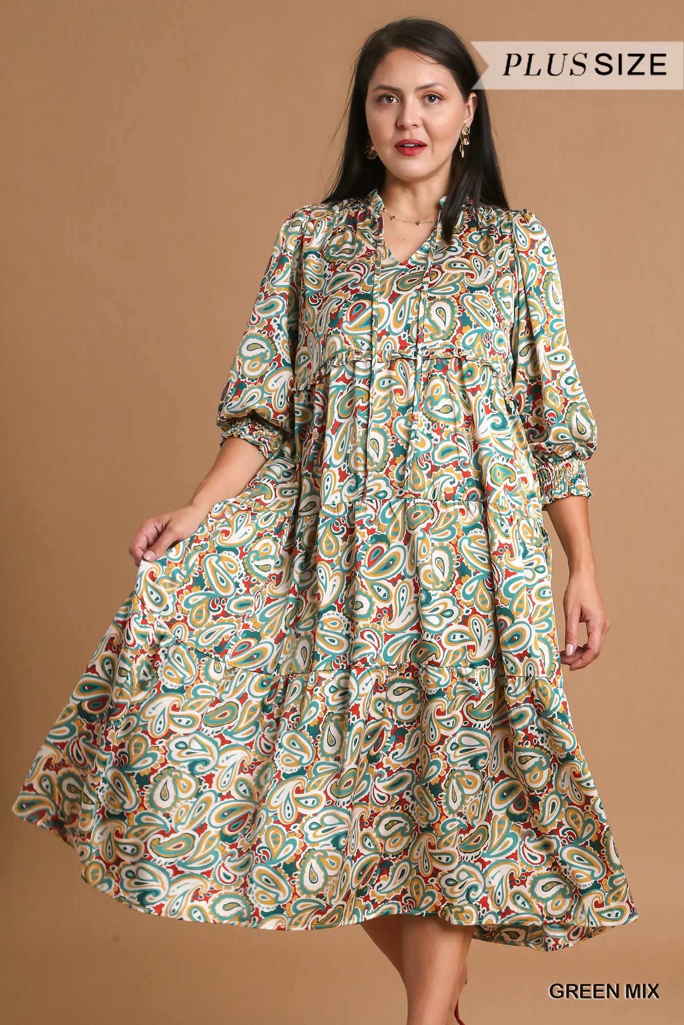 Umgee Plus Satin Paisley Ruffle Neck Tie Midi Dress