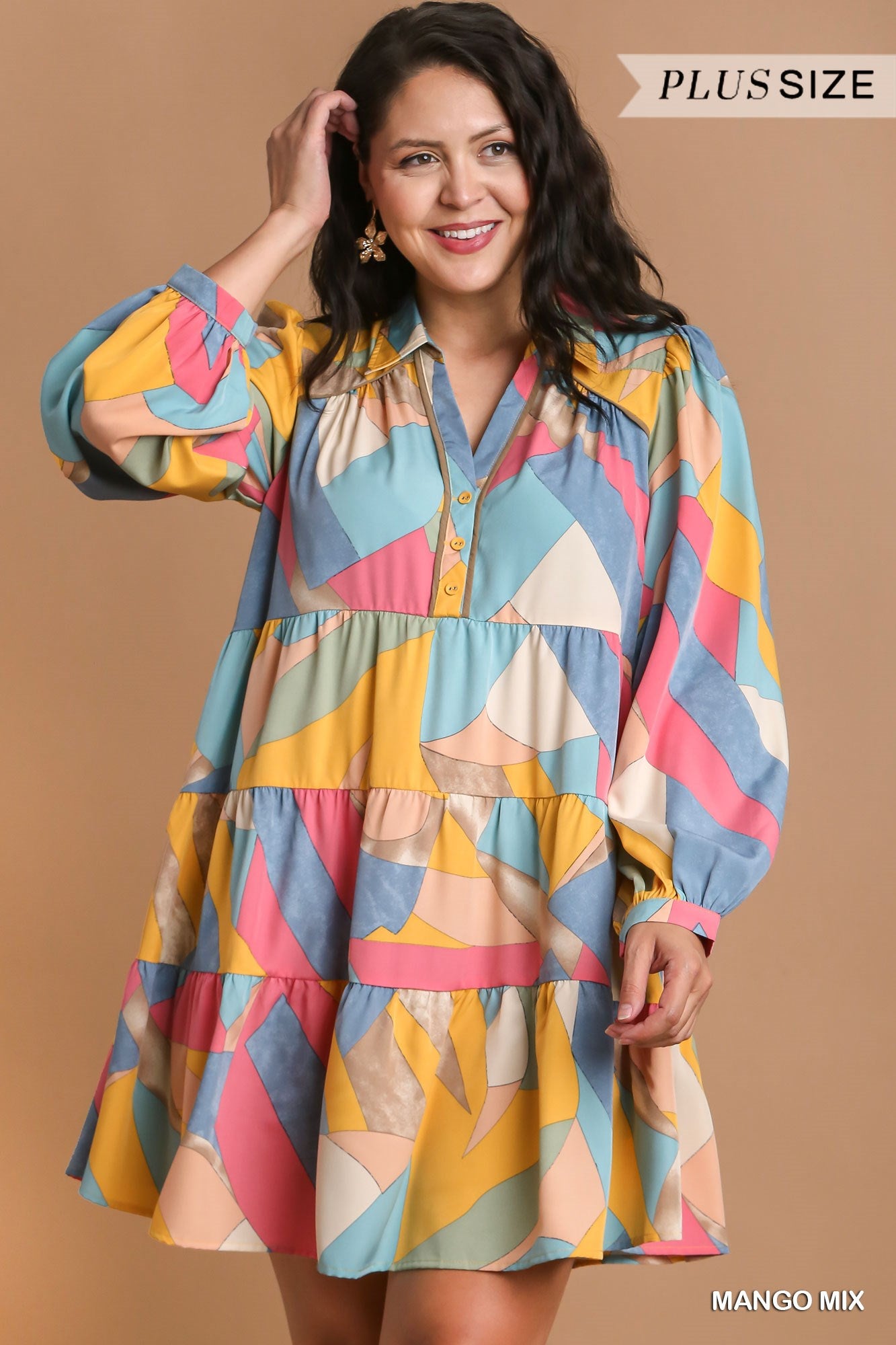 Umgee Plus Abstract Printed Collared Long Sleeve Dress