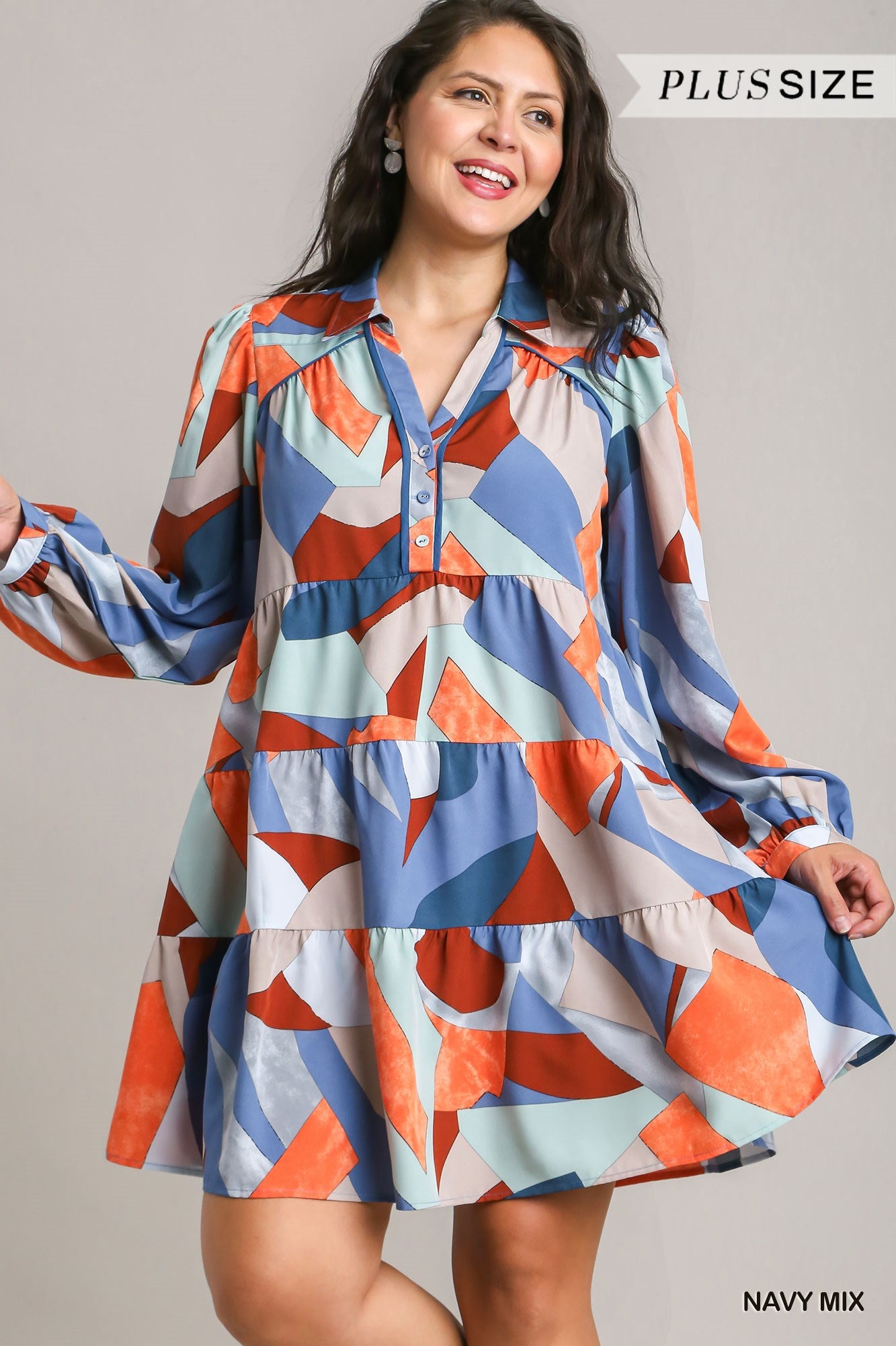 Umgee Plus Abstract Printed Collared Long Sleeve Dress