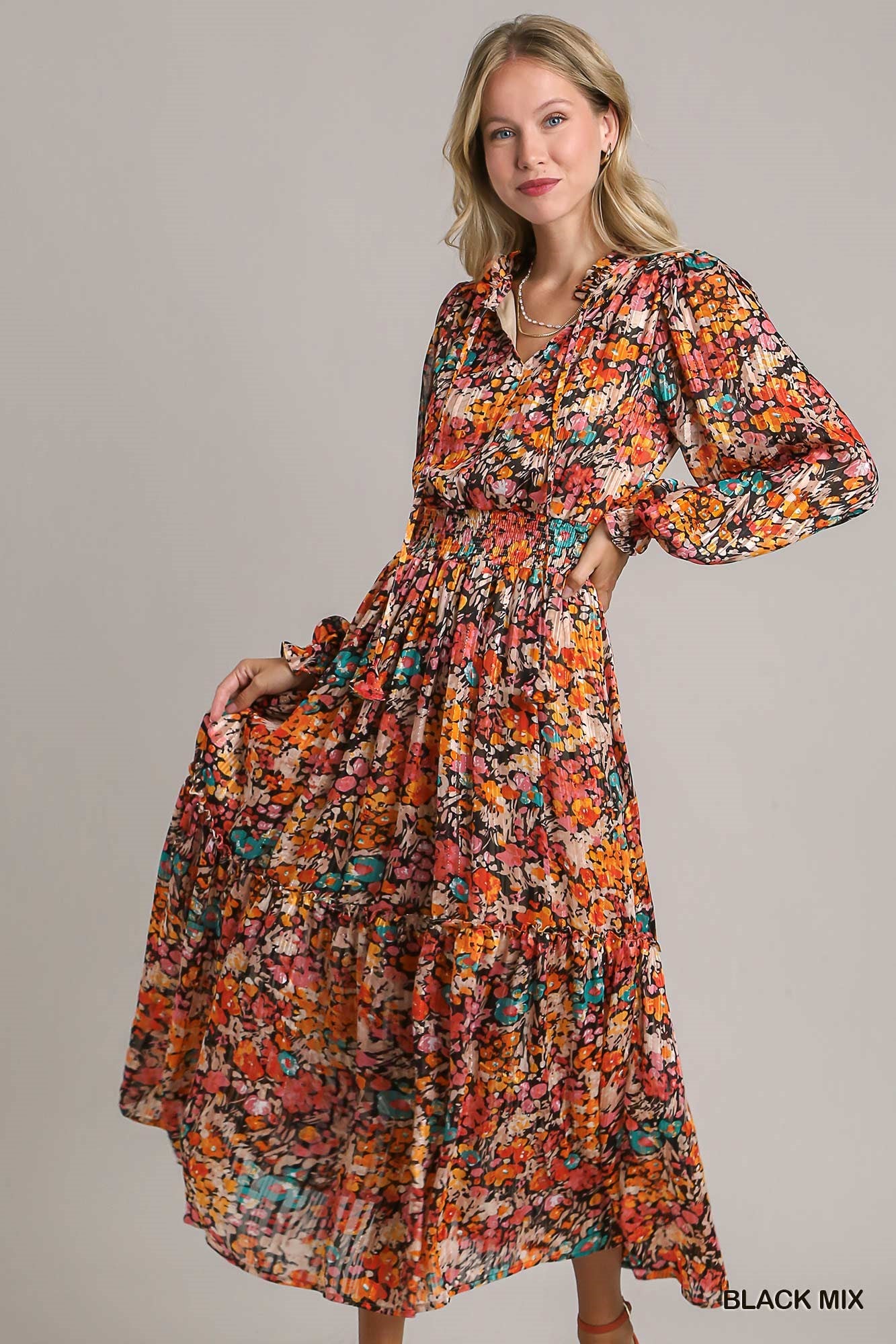 Umgee Floral Midi with Smocked Waistband Dress - Roulhac Fashion Boutique