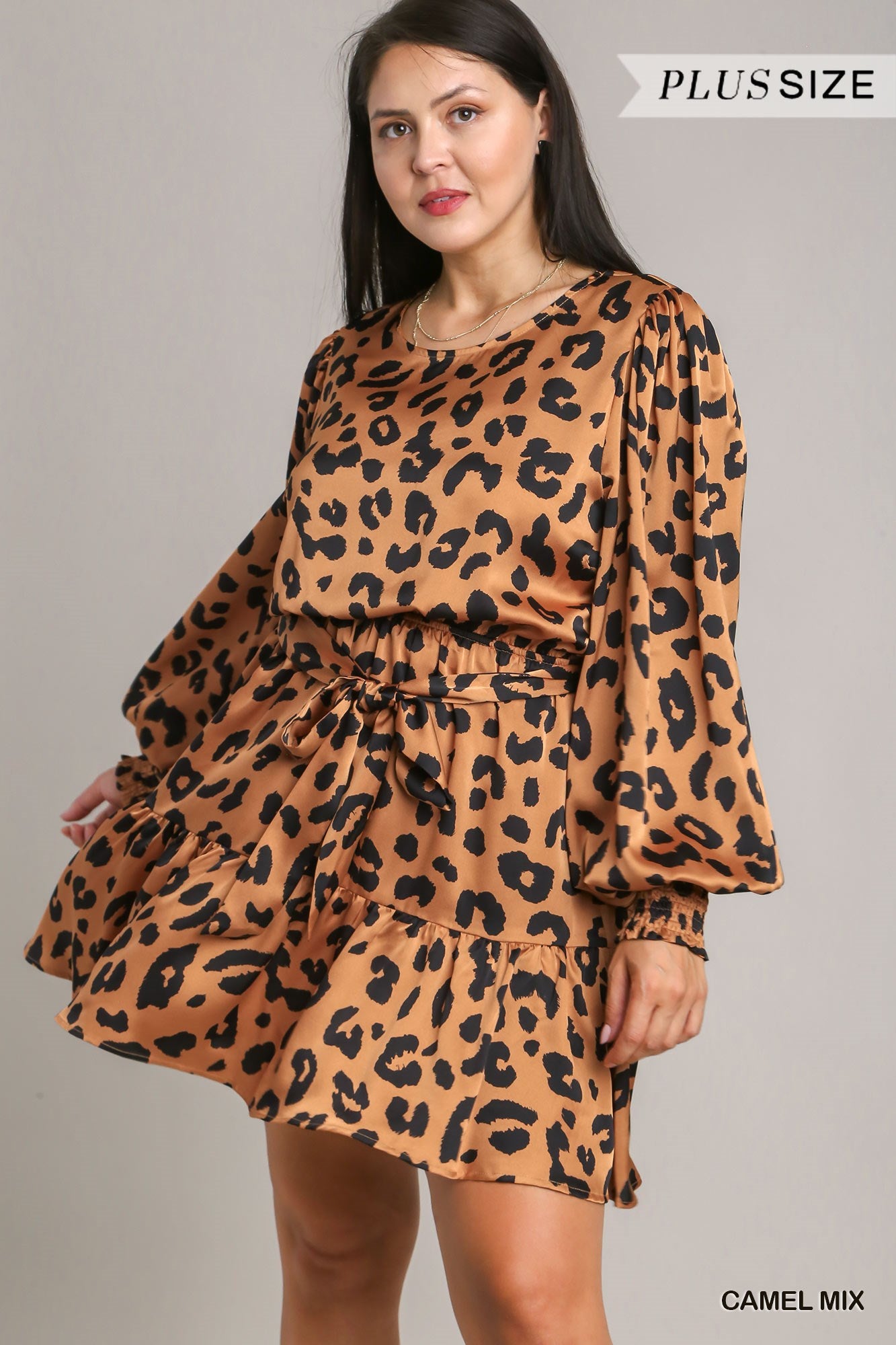 Umgee Plus Satin Animal Print Belt Mini Dress