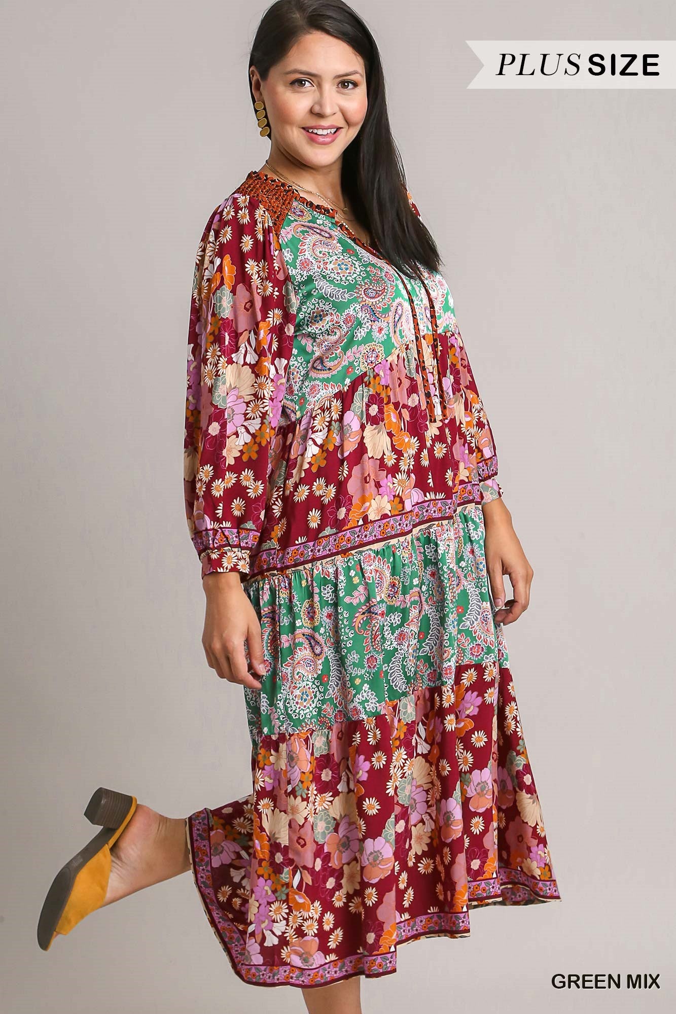 Umgee Plus Mix Match Floral Print Midi Dress