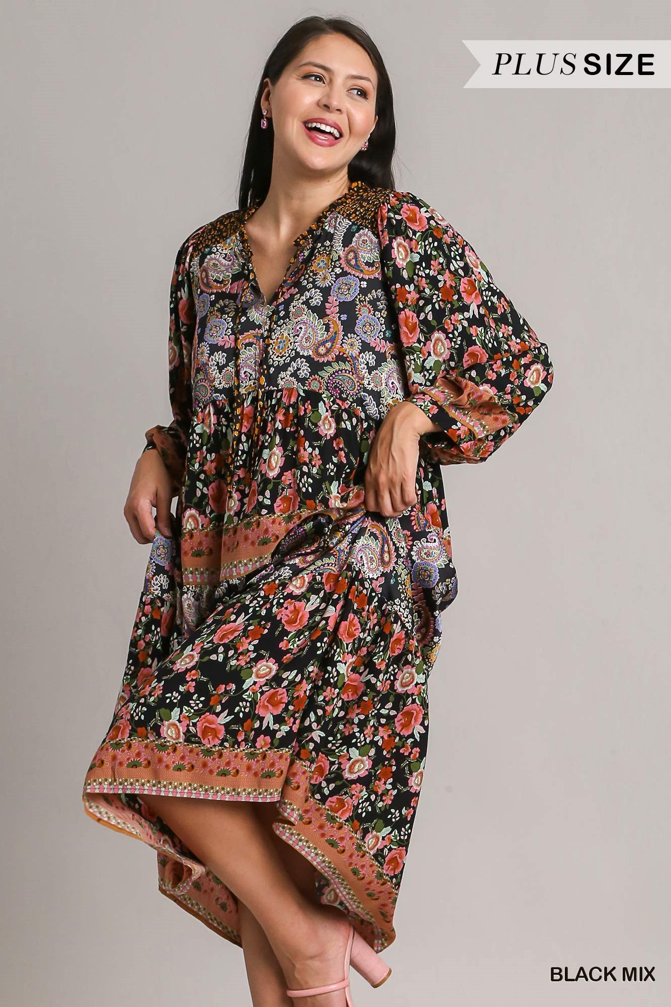 Umgee Plus Mix Match Floral Print Midi Dress