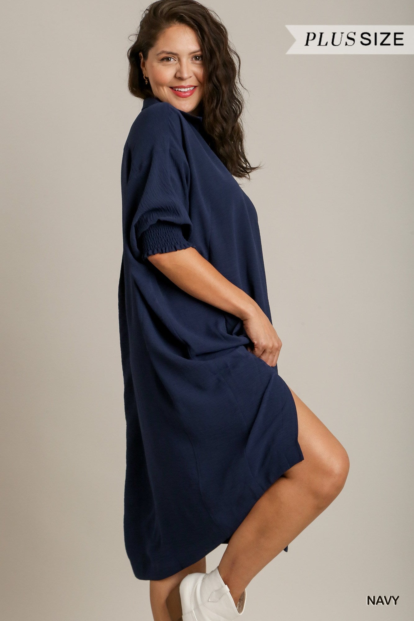 Umgee Plus Solid Textured Smocked Cuff 3/4 Sleeve Oversized High Low Hem Dress