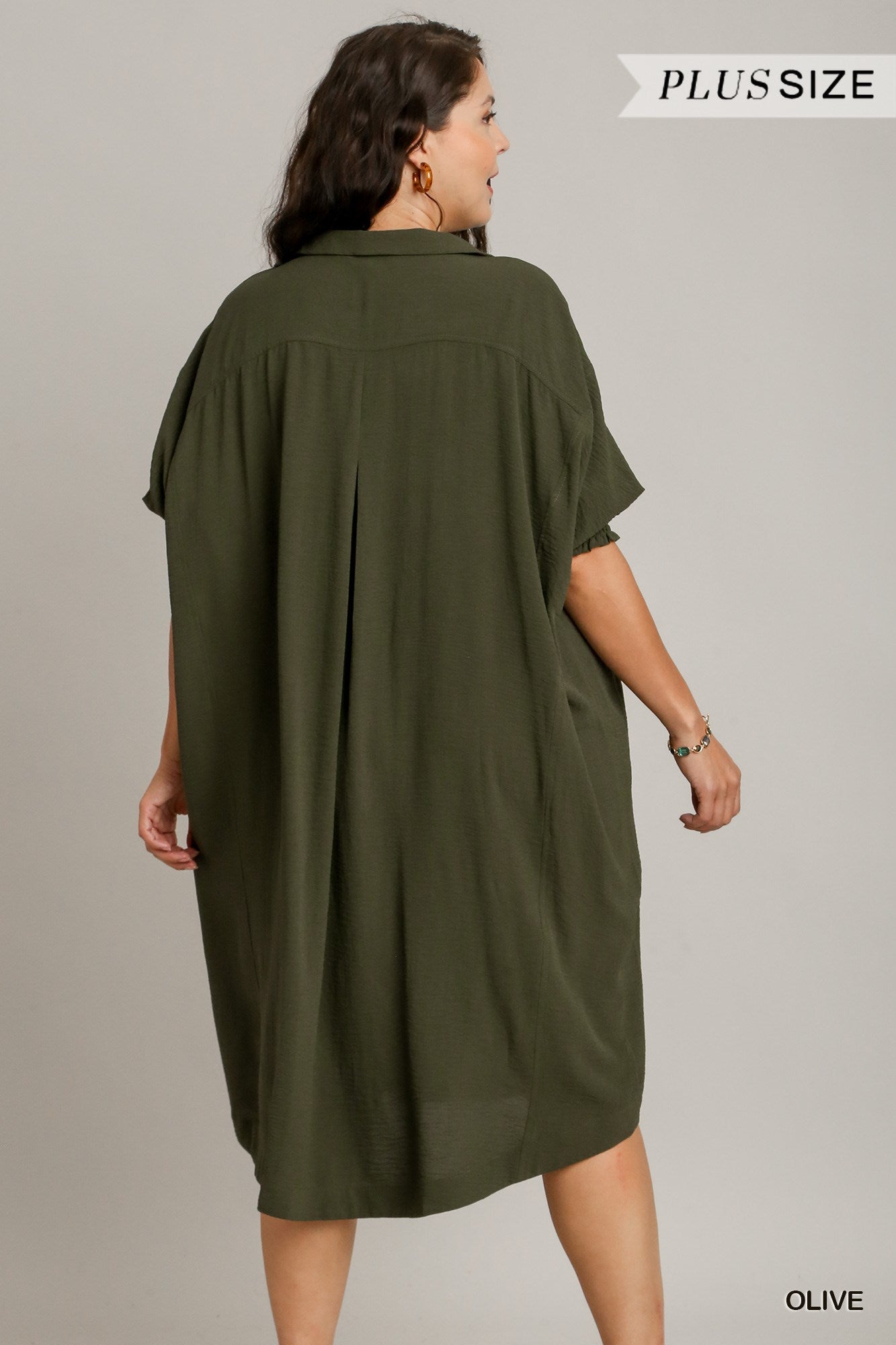 Umgee Plus Solid Textured Smocked Cuff 3/4 Sleeve Oversized High Low Hem Dress