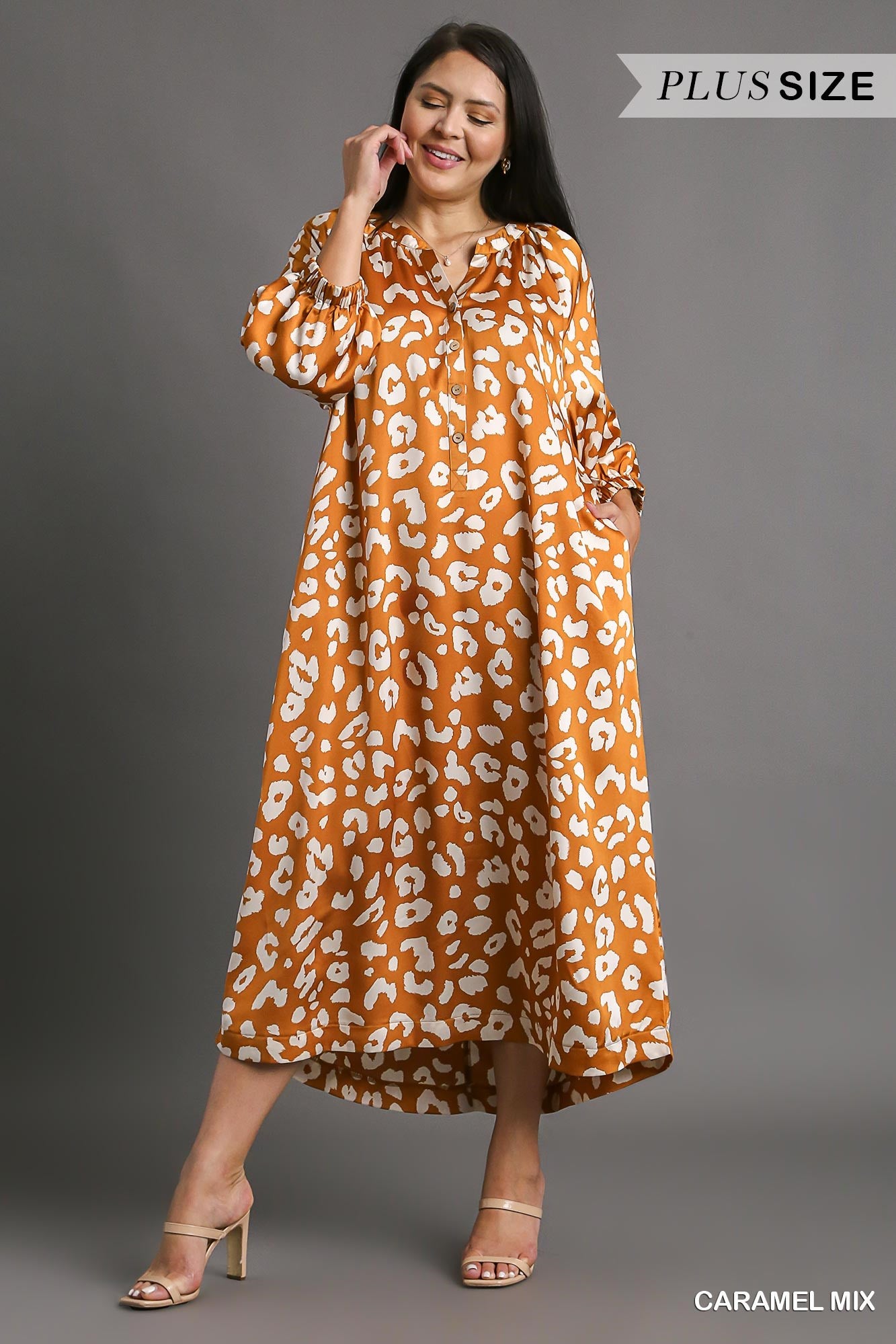 Umgee Plus Satin Animal Print Mandarin Collared Maxi Dress