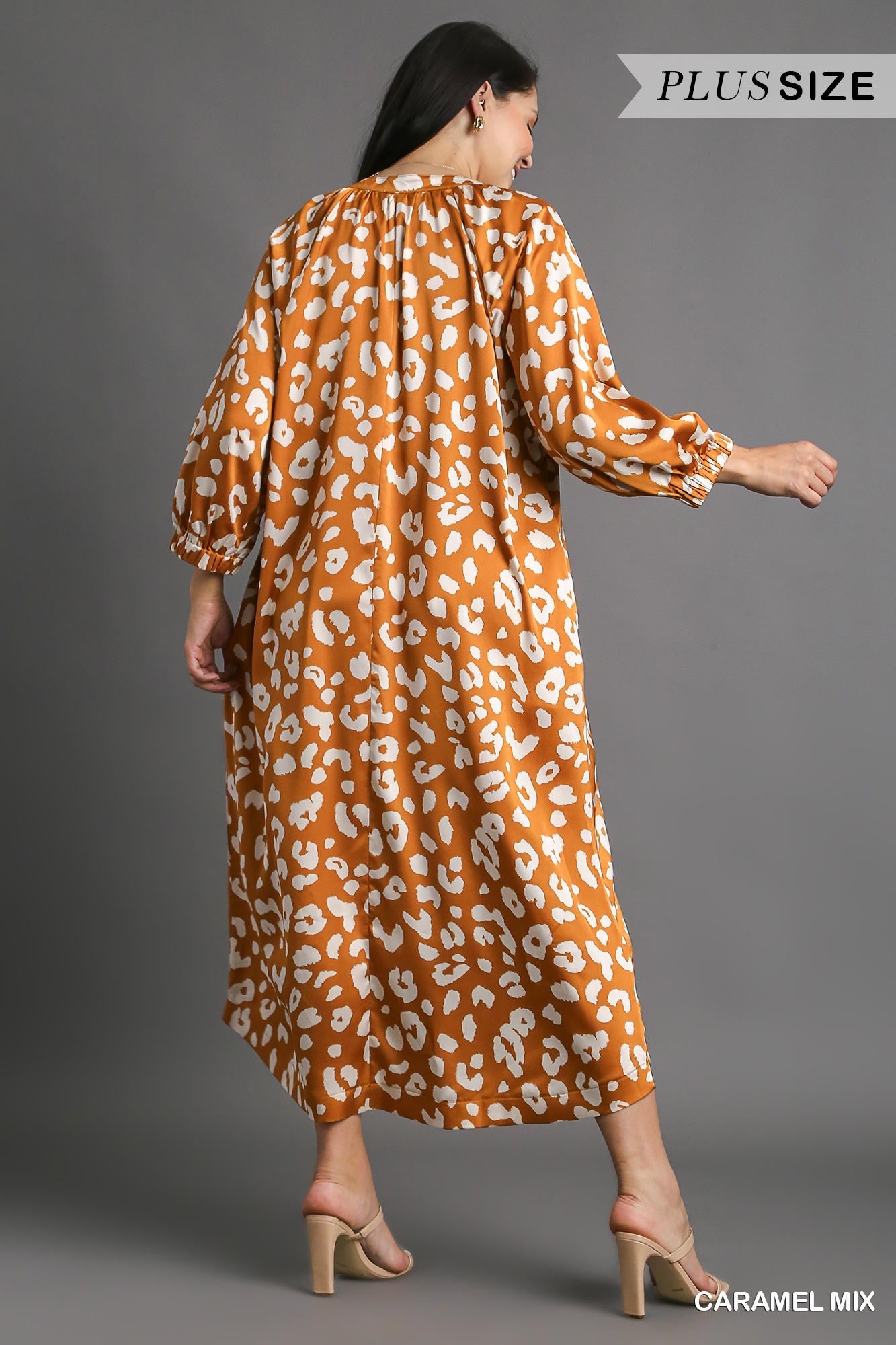 Umgee Plus Satin Animal Print Mandarin Collared Maxi Dress