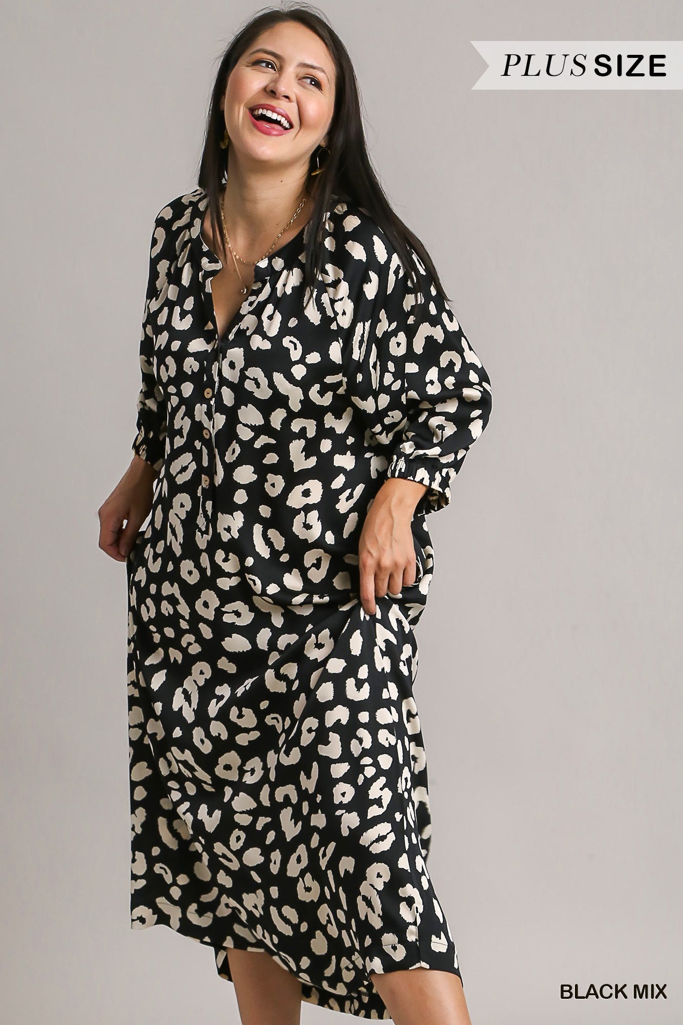 Umgee Plus Satin Animal Print Mandarin Collared Maxi Dress