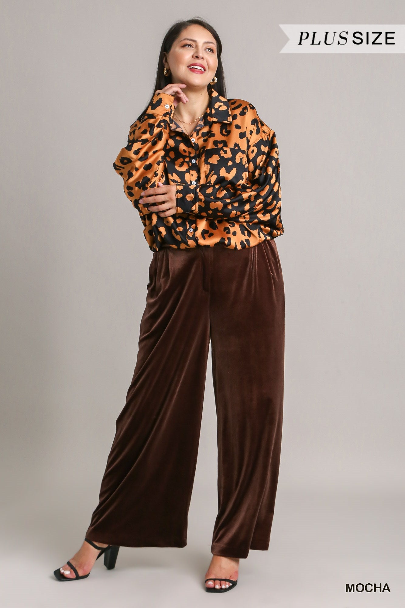 Umgee Plus Velvet High Waisted Pleated Wide Leg Pants